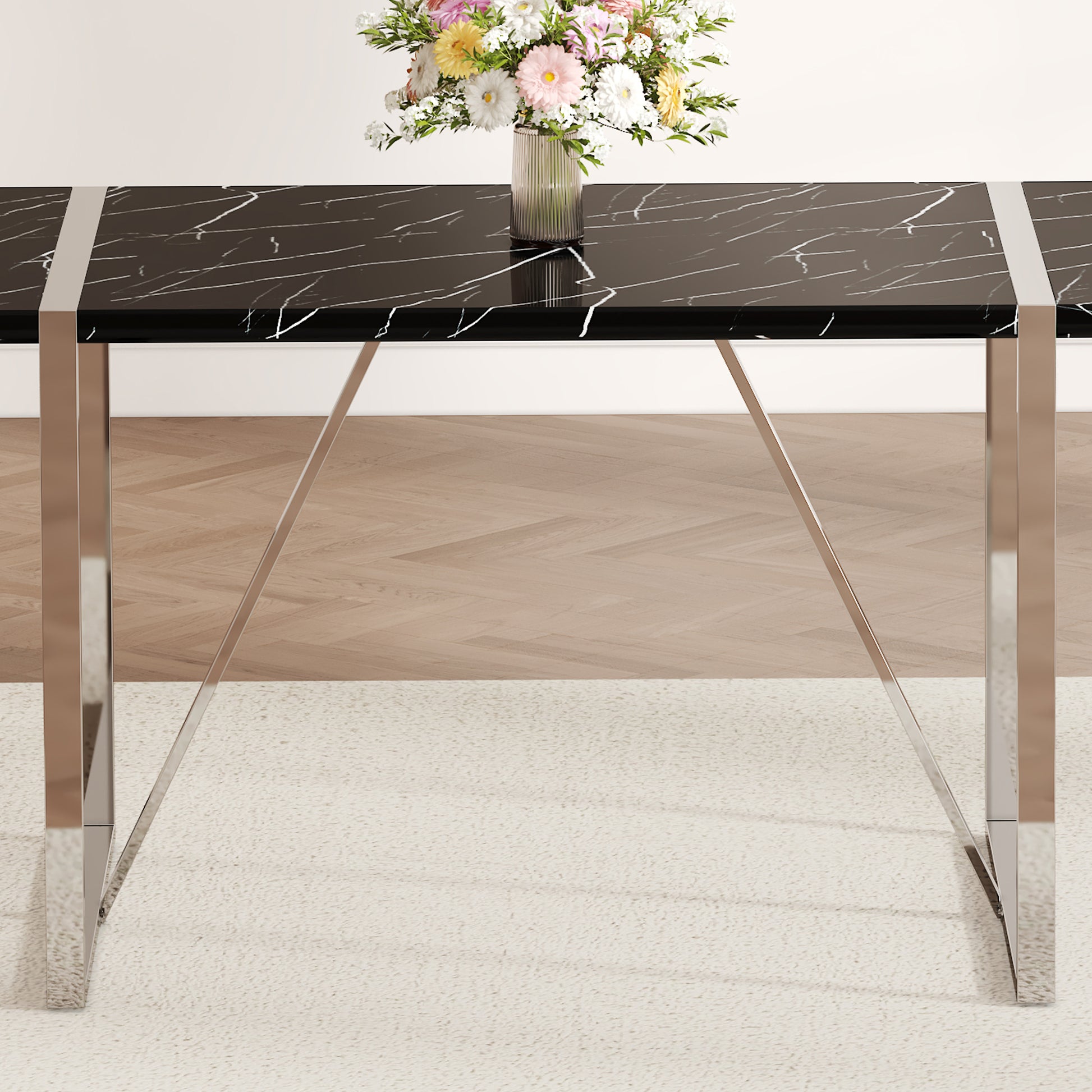 Table And Chair Set.A Rustic Industrial Rectangular Mdf Black Dining Table With Mdf Desktop And Electroplated Silver Metal Legs.Paried With 4 Chairs With Pu Cushion And Metal Legs. White Black Seats 4 Mdf Metal