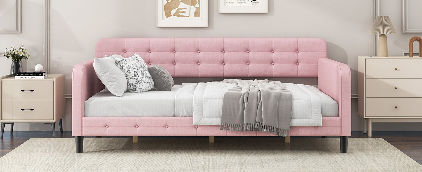 Twin Size Upholstered Tufted Daybed With 4 Support Legs, Pink Box Spring Not Required Twin Pink Wood Bedroom Daybeds Linen Upholstered