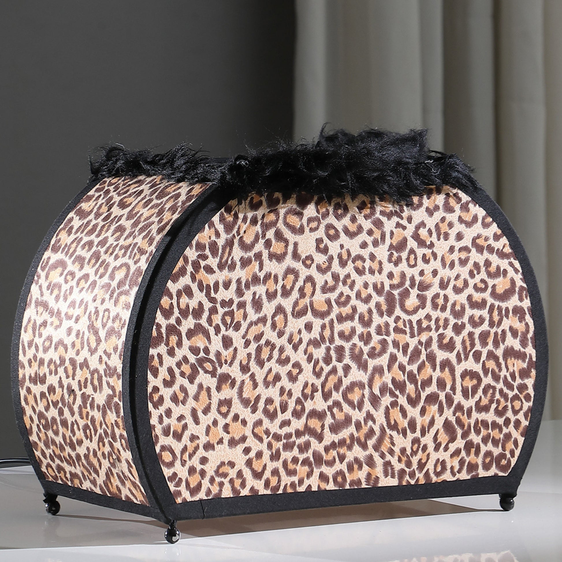 11.75" In Leopard Animal Print Purse W Black Faux Handle Table Lamp Leopard Fabric Metal