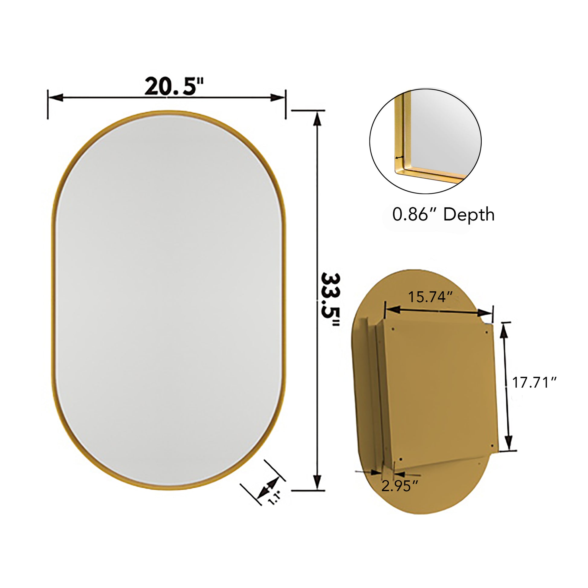 20X34 Inch Oval Recessed Medicine Cabinet, Metal Framed Bathroom Wall Cabinet With Mirror And Adjustable Shelves, Wall Mirror With Storage For Bathroom, Matte Gold Gold 2 Adjustable Shelves Bathroom