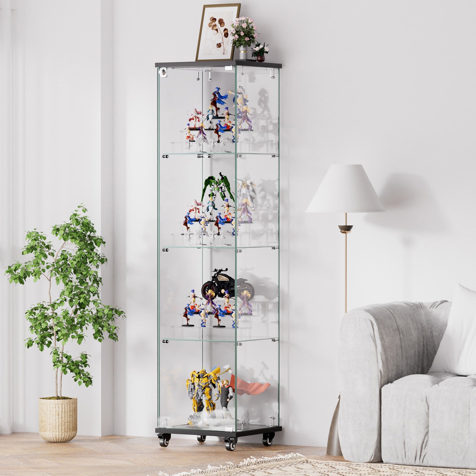 4 Tier Glass Display Cabinet, Single Door Glass Cabinet With Lock And Wheels, Floor Standing Storage Cabinet With 3 Acrylic Shelves For Living Room, Bedroom And Office, Black, 15.8"L X 14.2"W X