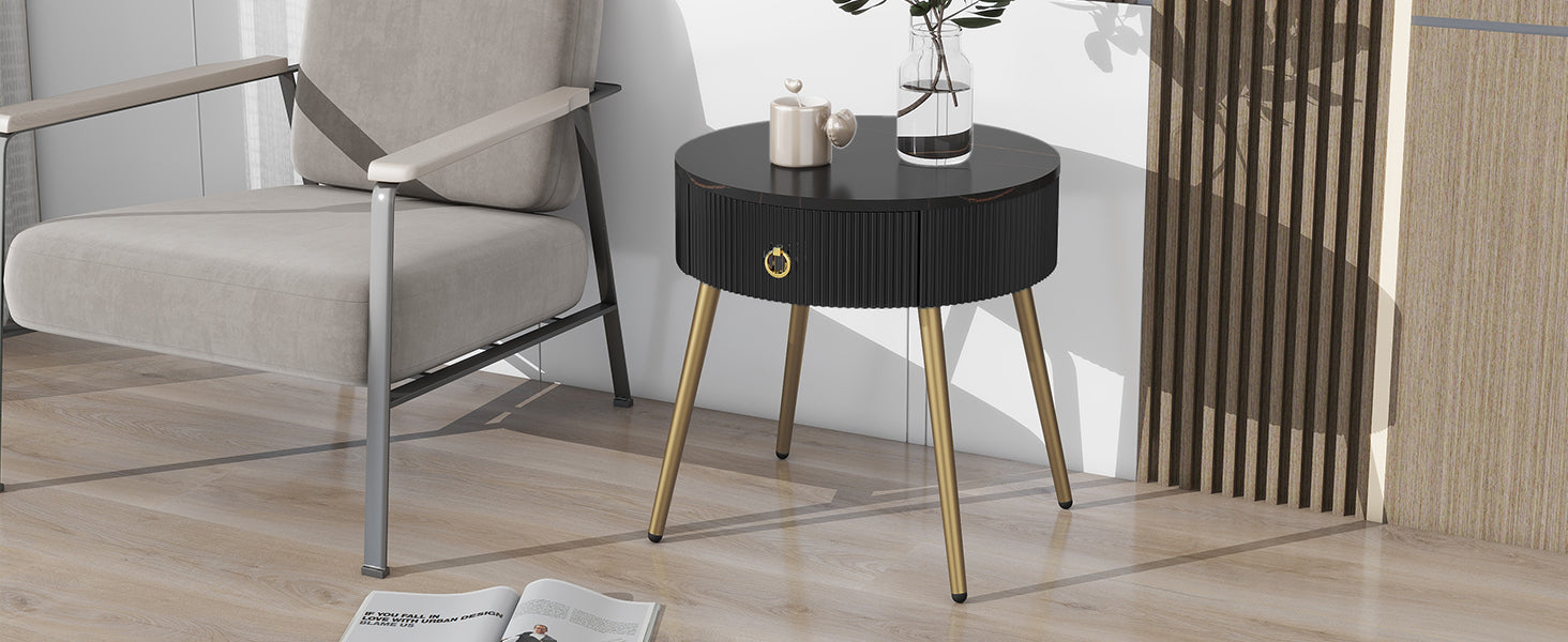 19.6'' Easy Assembly End Tables With High Gloss Faux Marble Tabletops, Set Of 2, Modern Fluted 2 Side Tables With Drawers, Round Coffee Tables With Golden Legs For Living Room, Black Black Gold Primary Living Space Drawers Round Mdf Iron