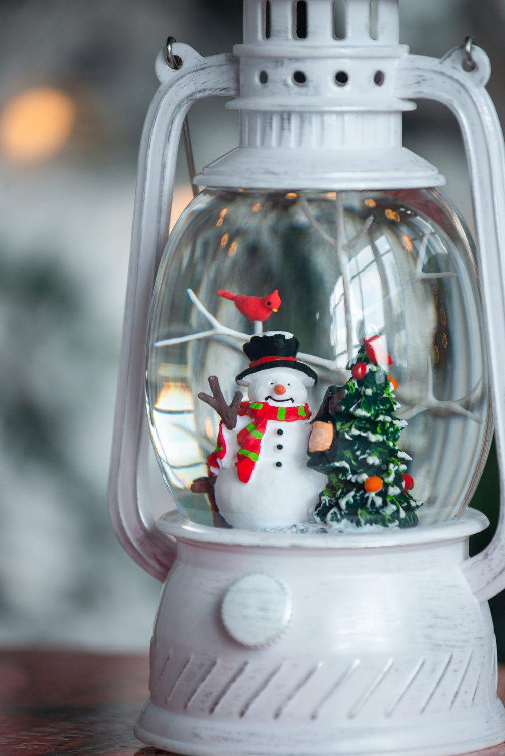 4.7X4.7X8.3"H Christmas Plastic Resin White Lantern With Snowman & Tree Led Water Spinning 6 Hours Timer, 3*Aa Batteries Required White Multi Plastic