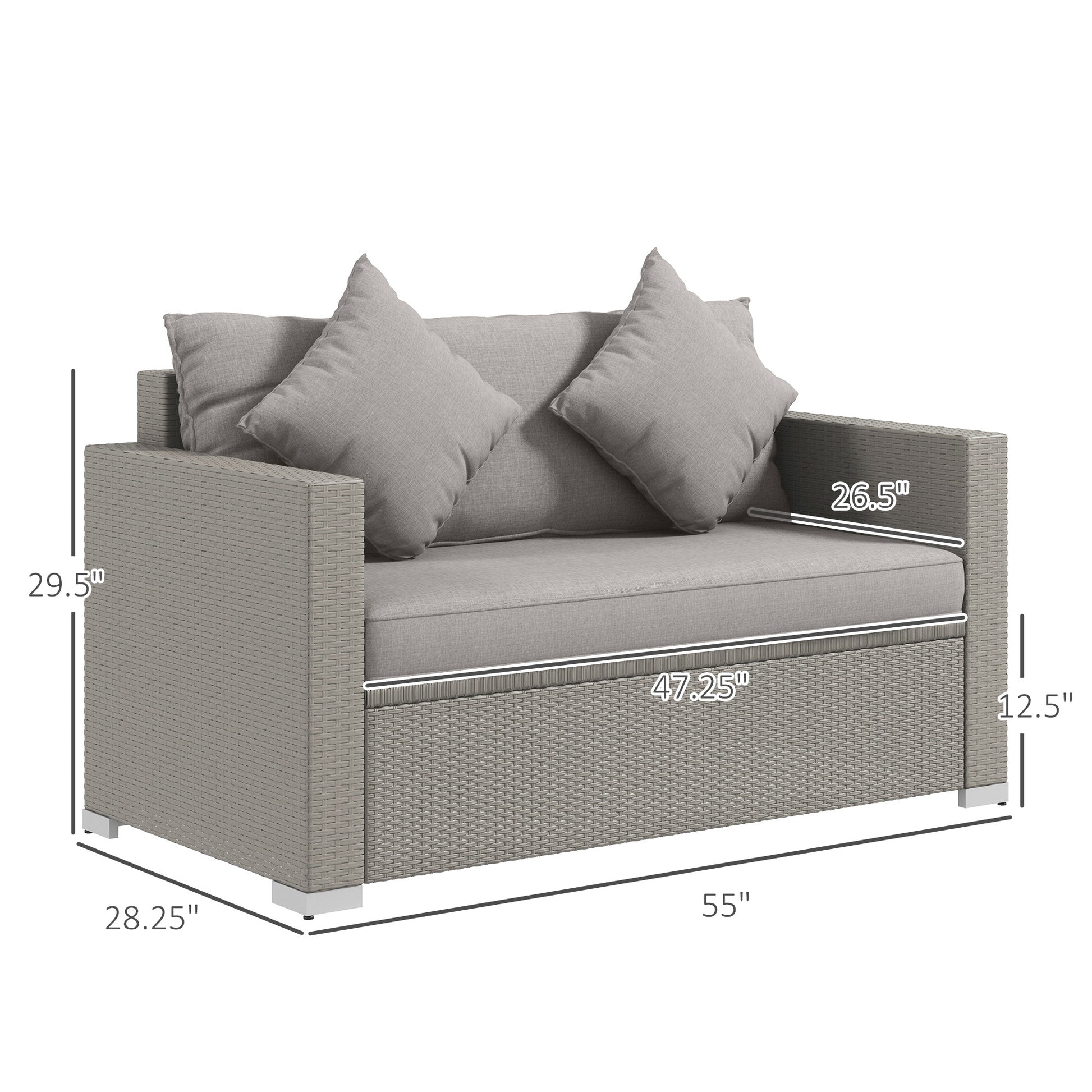 Outsunny Patio Wicker Loveseat With Cushions, 2 Seat Outdoor Pe Rattan Couch, Sofa With Throw Pillows For Porch, Backyard, Garden, Poolside, Gray Gray Steel