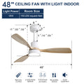 48 Inch Modern S 3 Wood Fan Blade Noiseless Reversible Motor Smart Remote Control White Metal & Wood