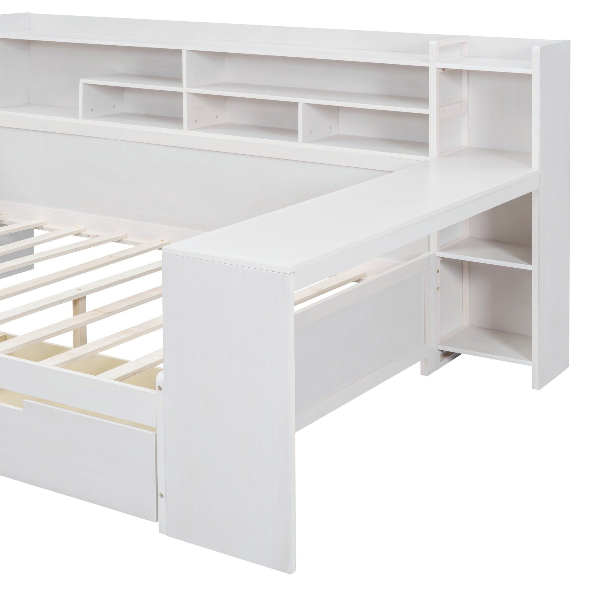 Wooden Full Size Daybed With Storage Shelves, Multi Functional Bed With Two Storage Drawers And Study Desk, Antique White Old Sku: Hl000089Aak Full Antique White Wood