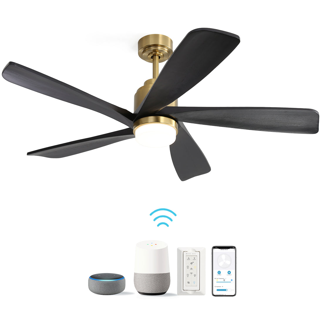 52 Inch Ceiling Fan With Dimmable Led Light 5 Solid Wood Blades Smart Remote Control Reversible Dc Motor Ceiling Fan Gold Metal & Wood