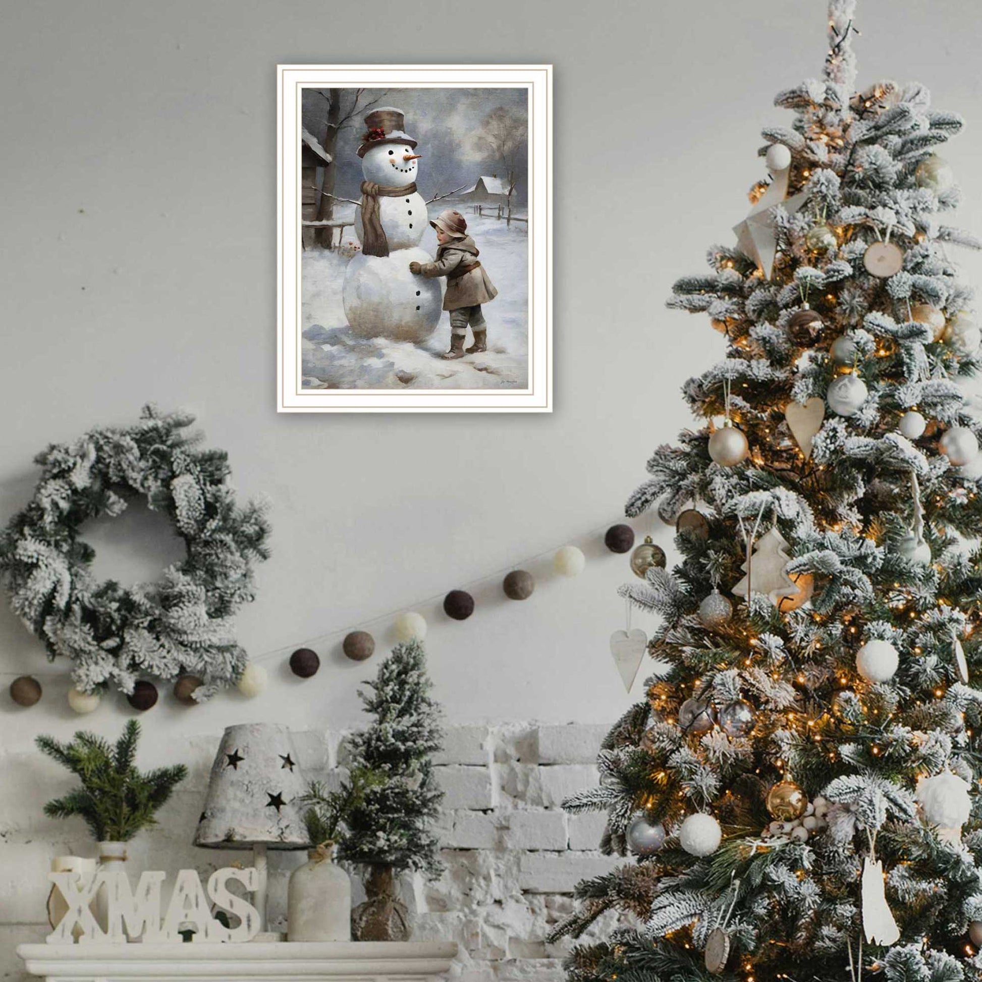 Finishing Touch On The Snowman White Framed Wall Art For Living Room, Holiday Wall Art Print For Home Decor, Bedroom Wall Art By Jo Moulton Multicolor Wood Paper