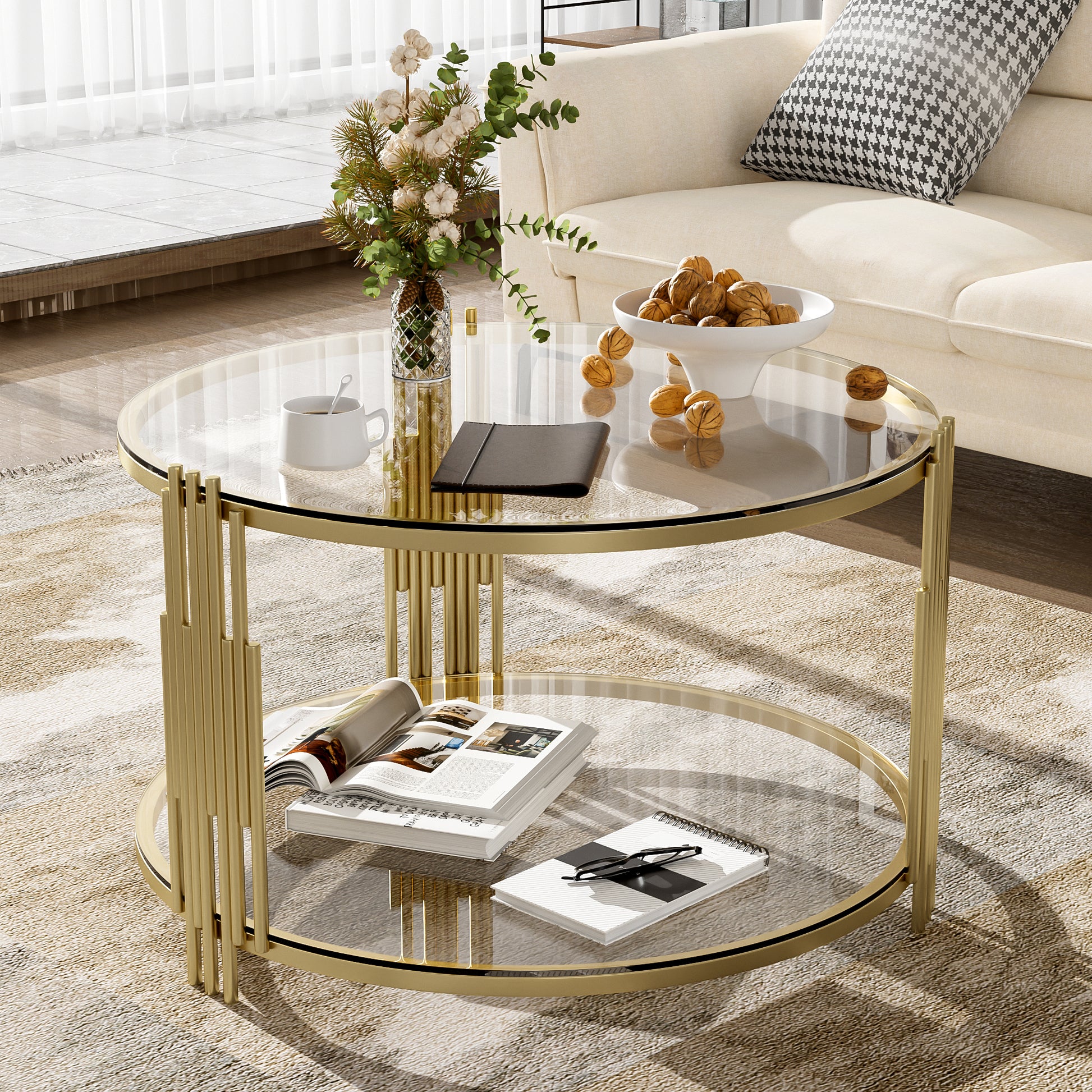 Modern Glass Coffee Table In 31.5", Asymmetrical Metal, Circular Metal Drum Base, Gold Finish & Lower Shelf Transparent Tempered Glass