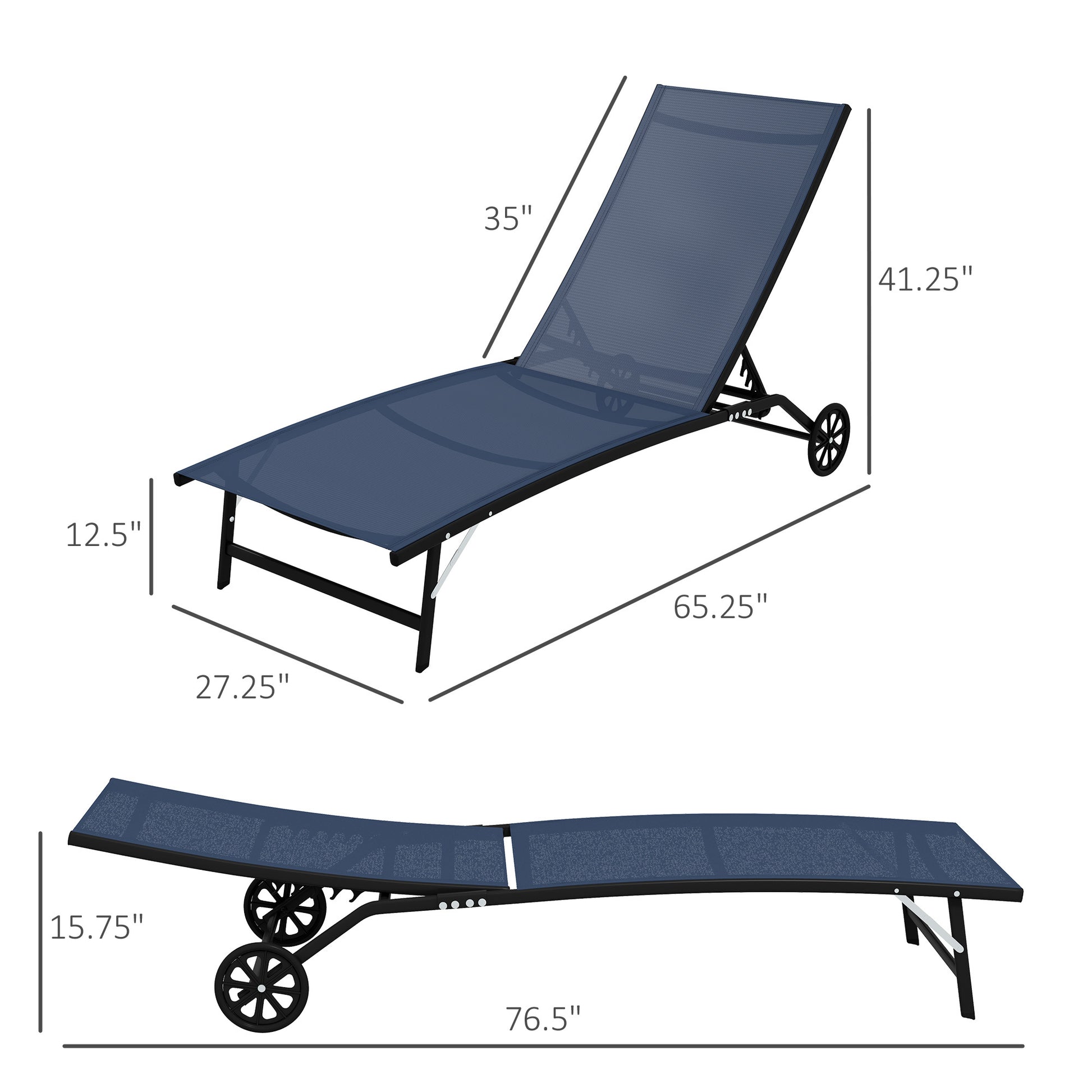 Outsunny Chaise Lounge Outdoor, 2 Piece Lounge Chair With Wheels, Tanning Chair With 5 Adjustable Position For Patio, Beach, Yard, Pool, Dark Blue Blue Fabric