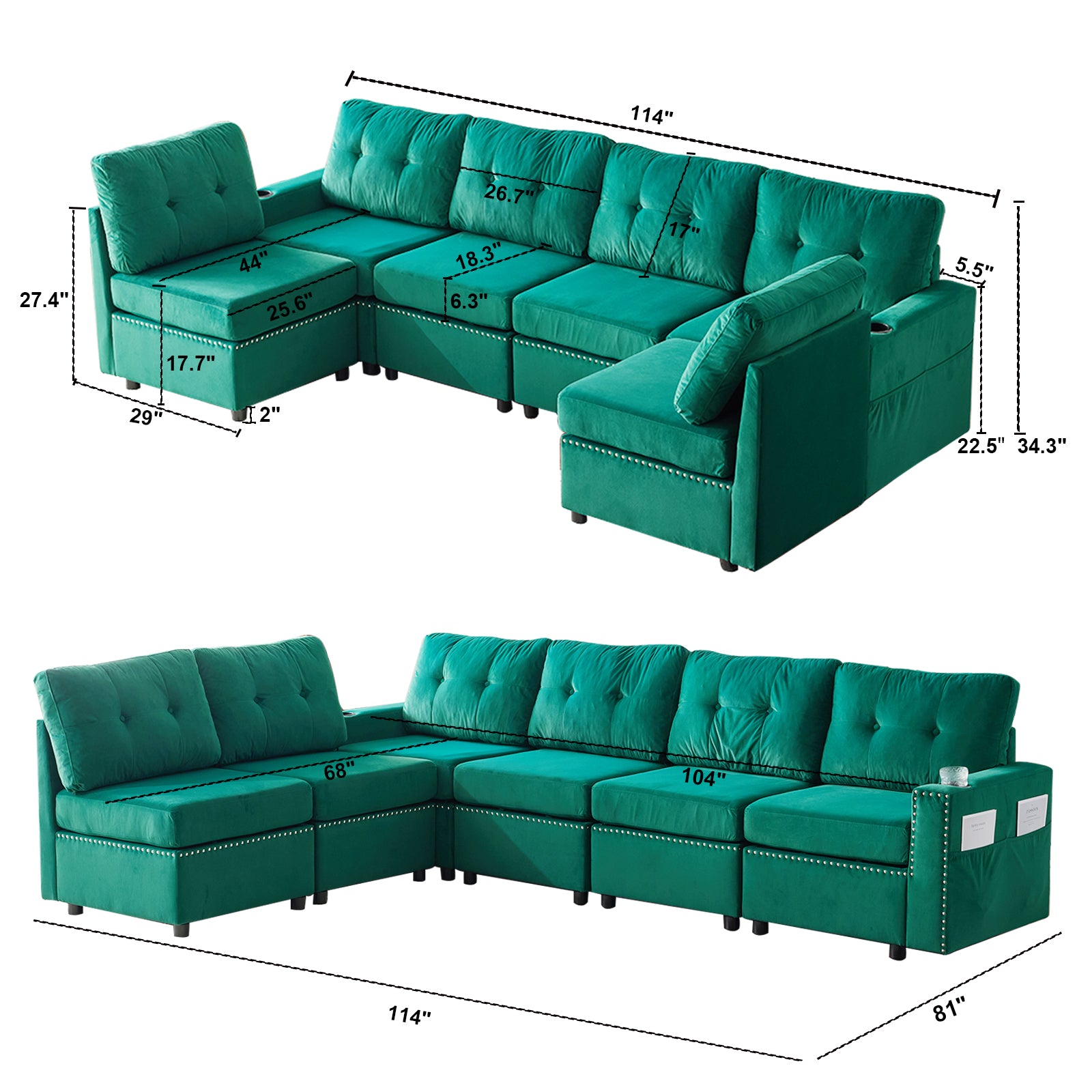 Velvet Modular Combination Sofa With Storage, Living Room Combination Sleeper Sofa Green Green Wood Primary Living Space Cushion Back Extra Heavy Duty Modern Foam Velvet 6 Seat