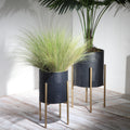 S 2 Planter W Lines On Metal Stand, Black Gold Black Iron