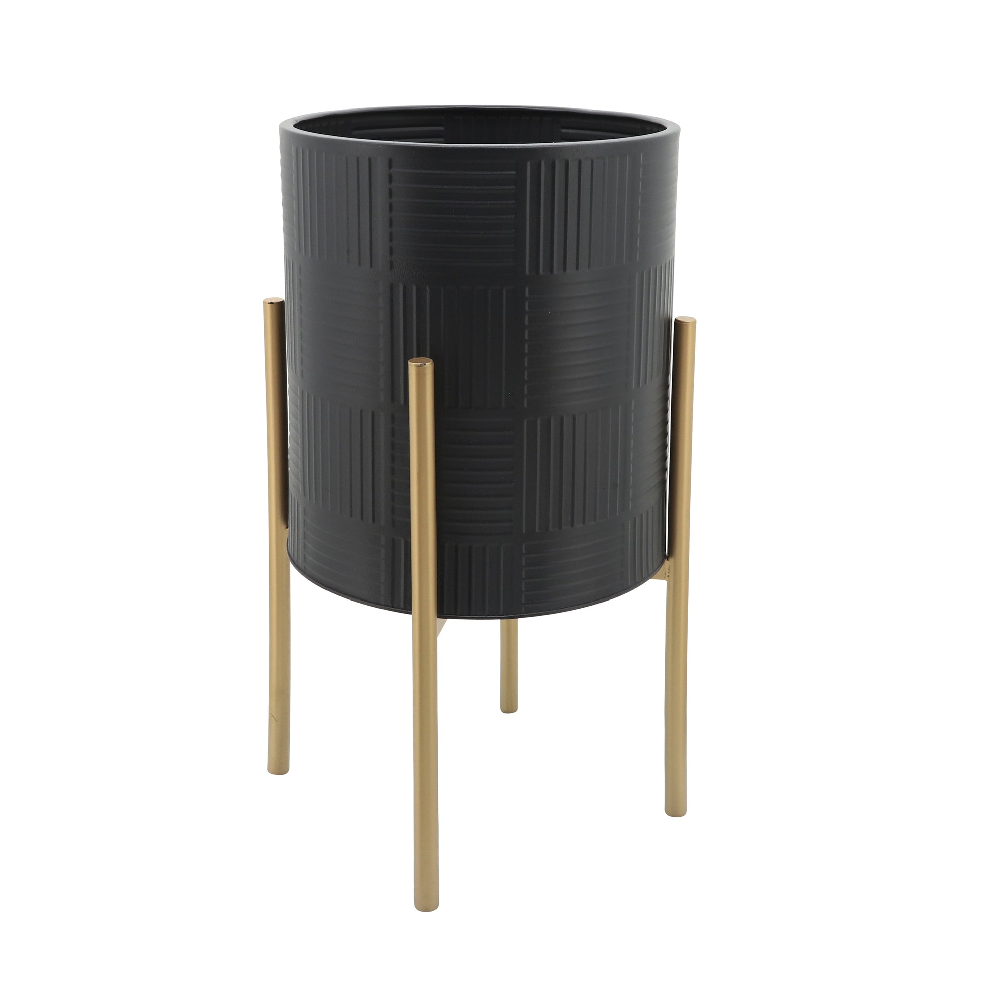 S 2 Planter W Lines On Metal Stand, Black Gold Black Iron