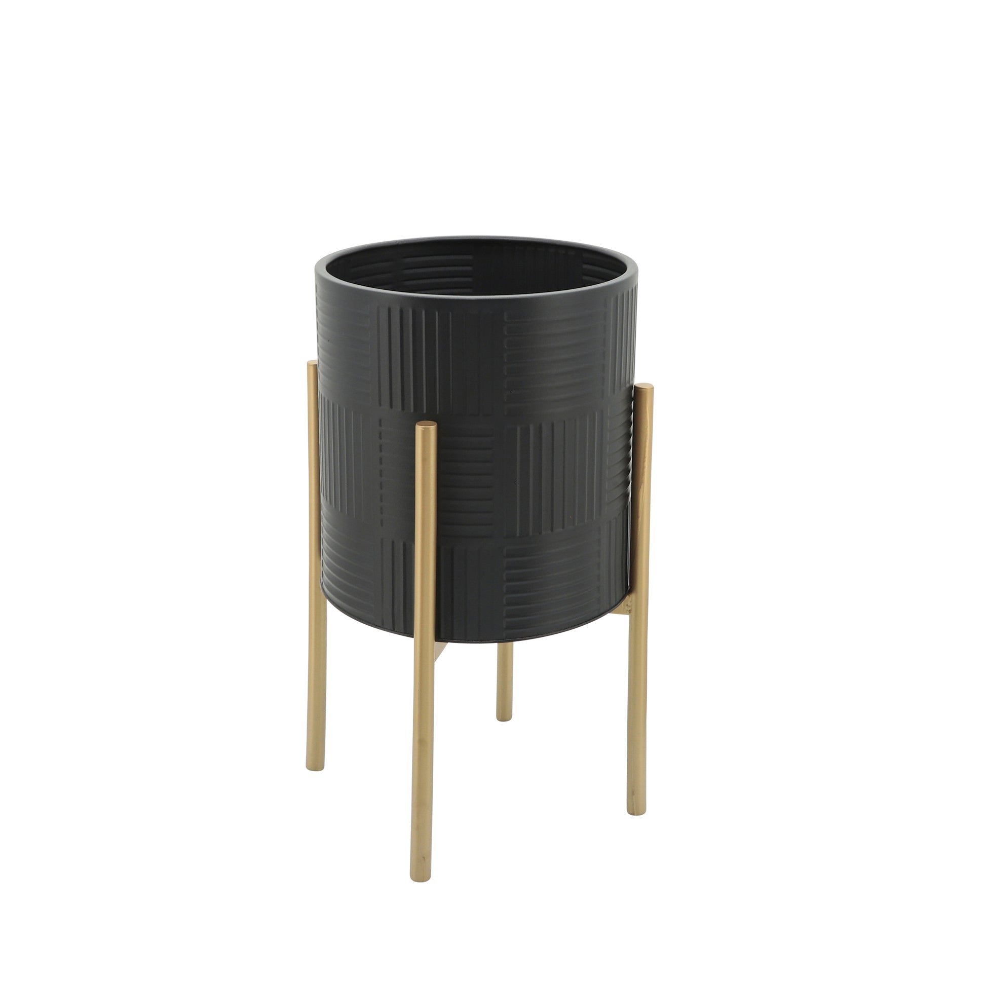 S 2 Planter W Lines On Metal Stand, Black Gold Black Iron