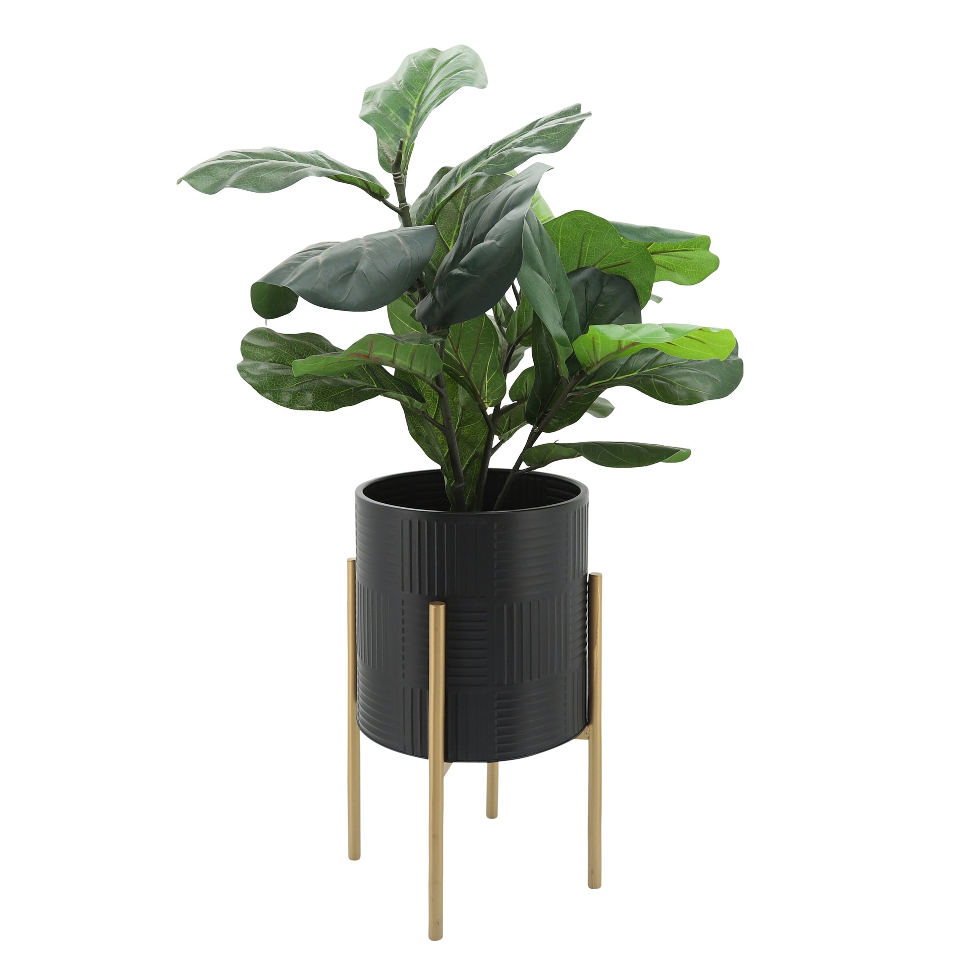 S 2 Planter W Lines On Metal Stand, Black Gold Black Iron