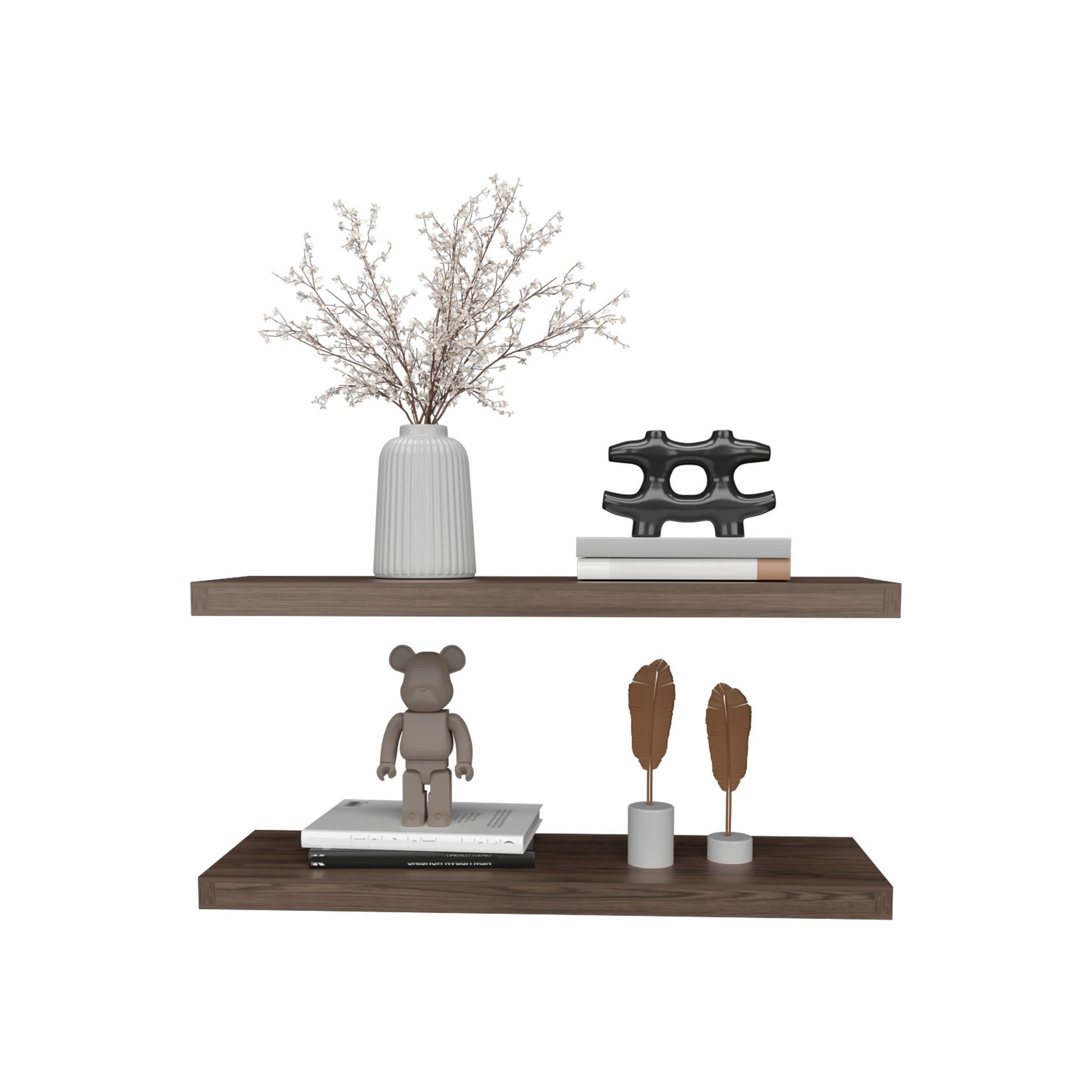 Floating Shelves 1.50" H, 2 Shelves, Walnut Brown Solid Wood Mdf Engineered Wood