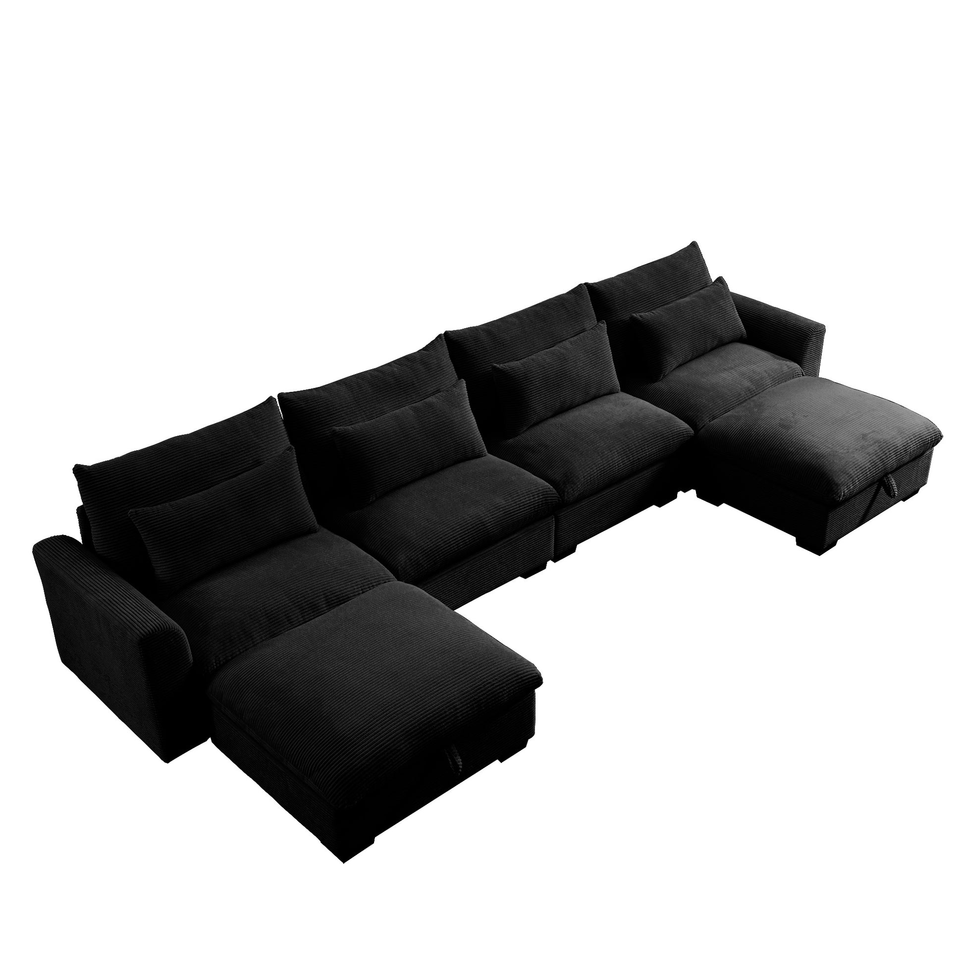 Big Deep Seat U Shaped Corduroy Sectional Couches For Living Room, 4 Seater Sofa Couch With 2 Storage Footstool And 4 Waist Pillows Corduroy, Black Black Corduroy 4 Seat