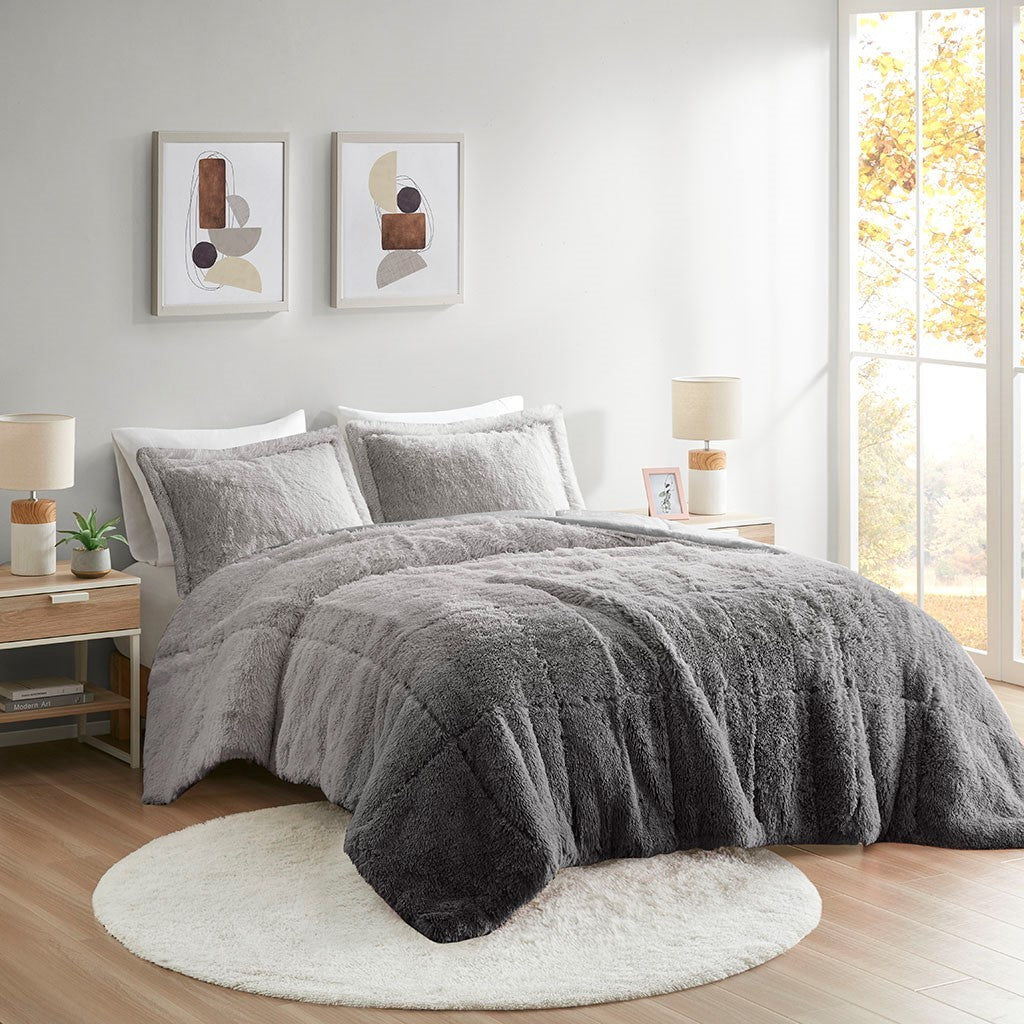 Ombre Shaggy Long Fur Comforter Mini Set Twin Grey Polyester