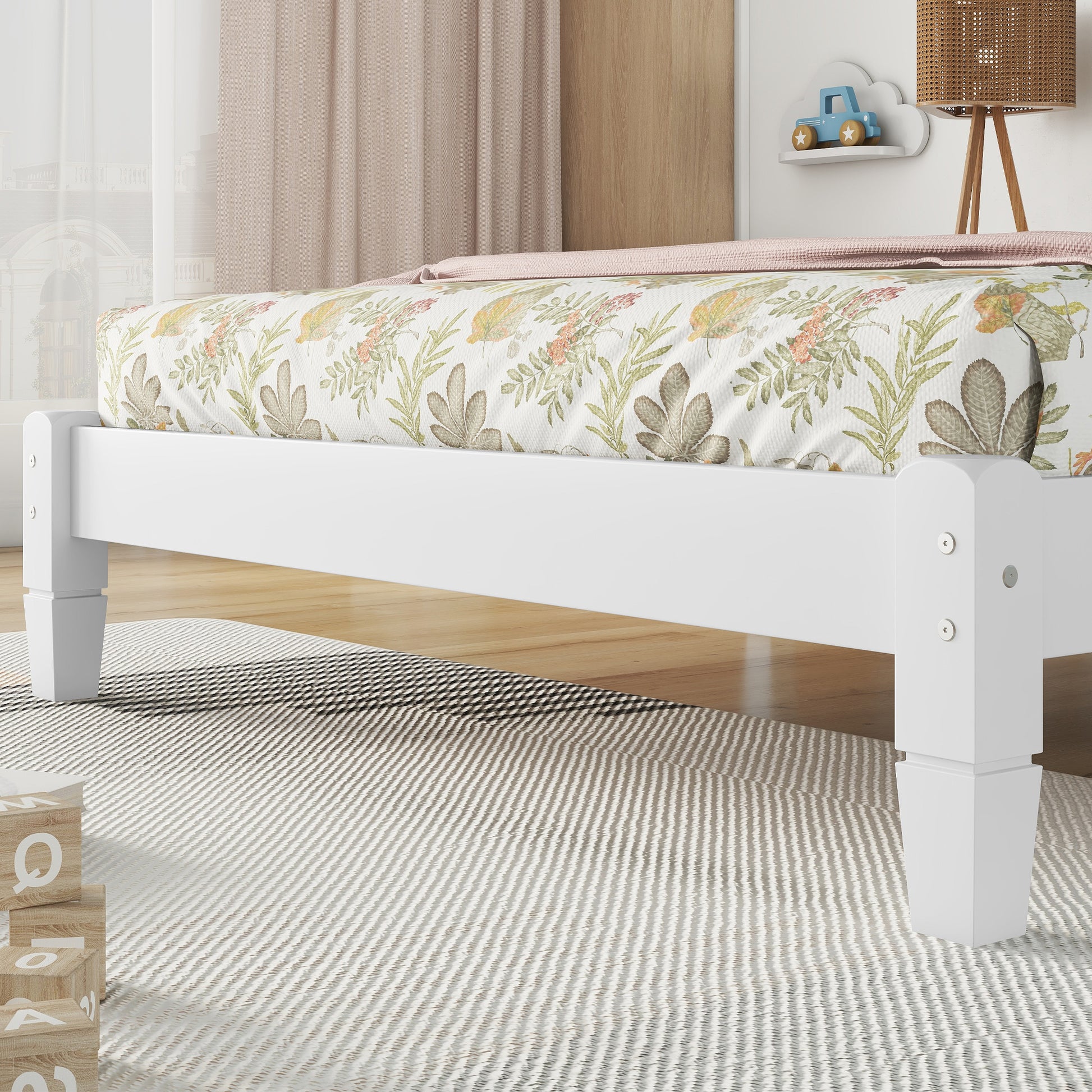 Twin Bed With Button Decoration Headboard, With Bed Slats,White Twin White Pine