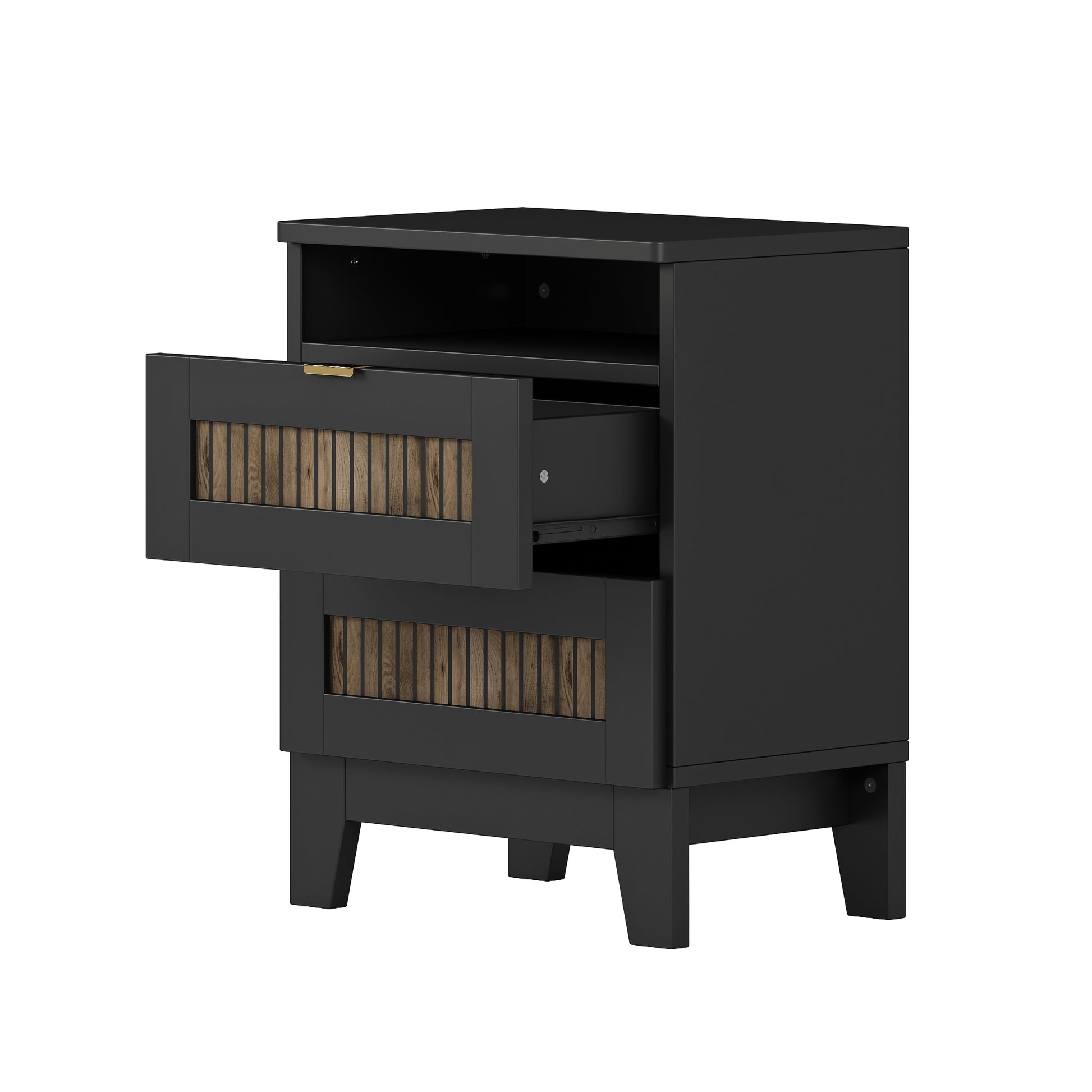 2 Drawer Farmhouse Wooden Nightstand With Wooden Strip Decoration And Metal Handle, Wood Side Table With Storage Cabinet For Bedroom, Black Black Particle Board