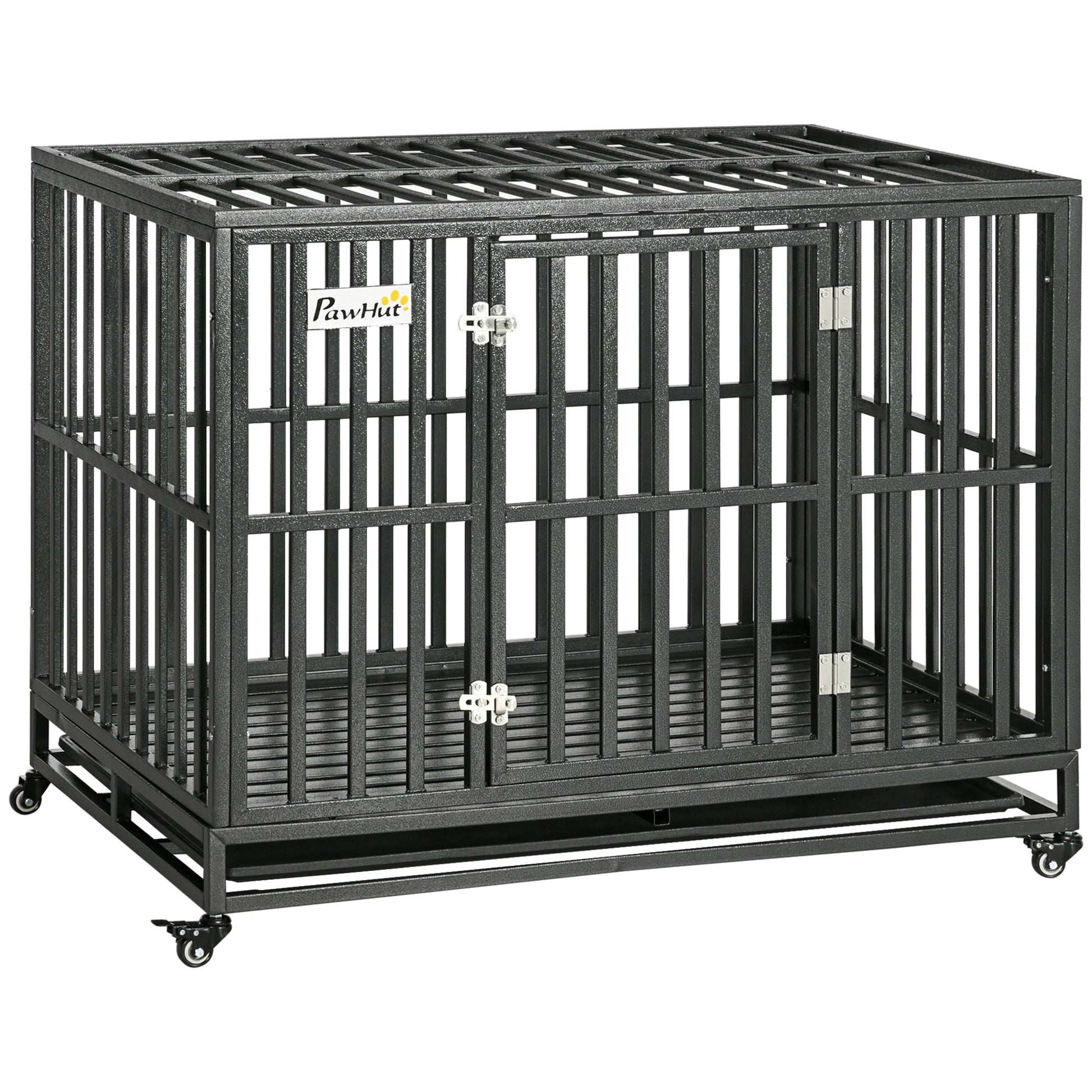 Pawhut Heavy Duty Dog Crate Metal Kennel And Cage Dog Playpen With Lockable Wheels, Slide Out Tray And Anti Pinching Floor, 45" X 29.5" X 35" Black Steel