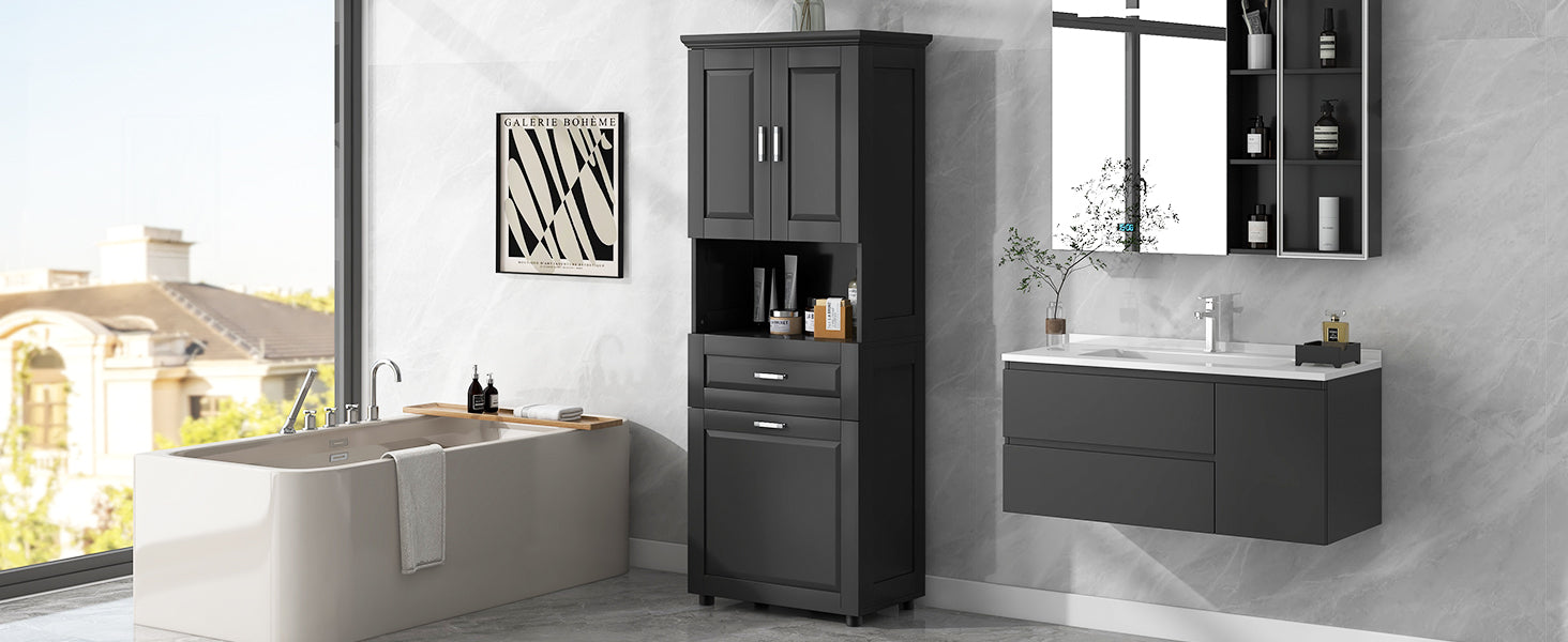 Tall Bathroom Cabinet With Laundry Basket, Large Storage Space Tilt Out Laundry Hamper And Upper Storage Cabinet, Black Black Mdf