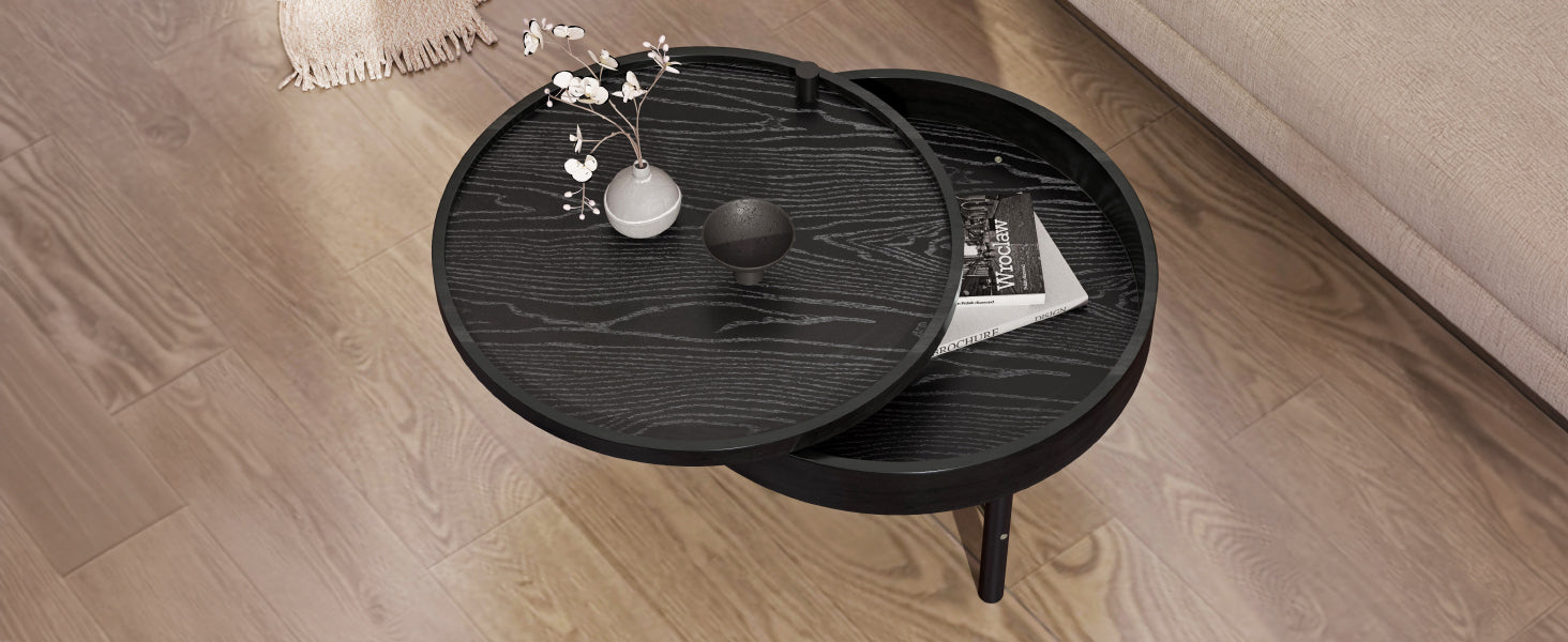 Modern Round Wood Rotating Tray Coffee Table With Storage & Metal Legs In Black Black Metal,Rubber Wood