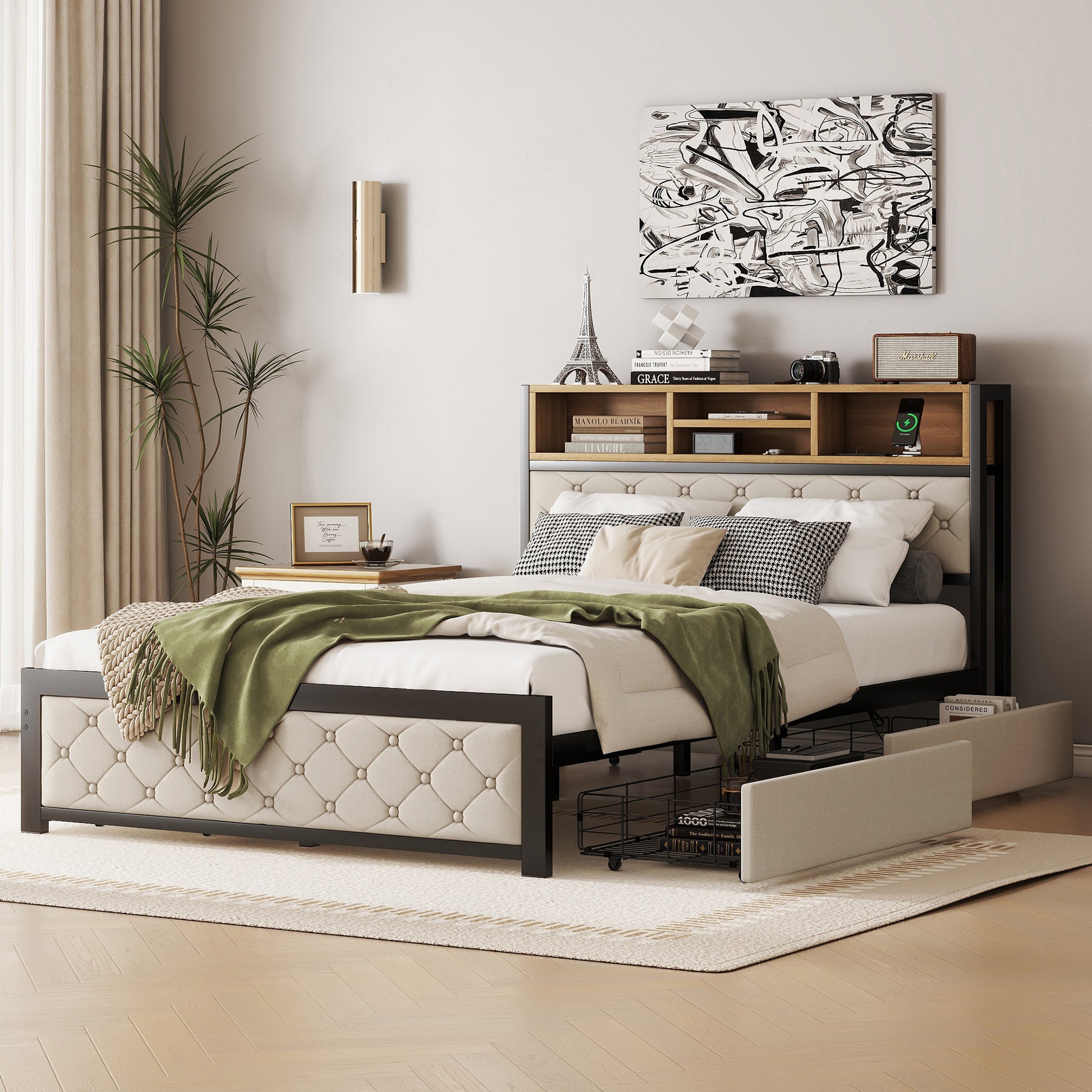 Metal Full Size Platform Bed With 4 Drawers, Upholstered Headboard And Footboard, Sockets And Usb Ports, Beige Full Beige Black Fabric Metal