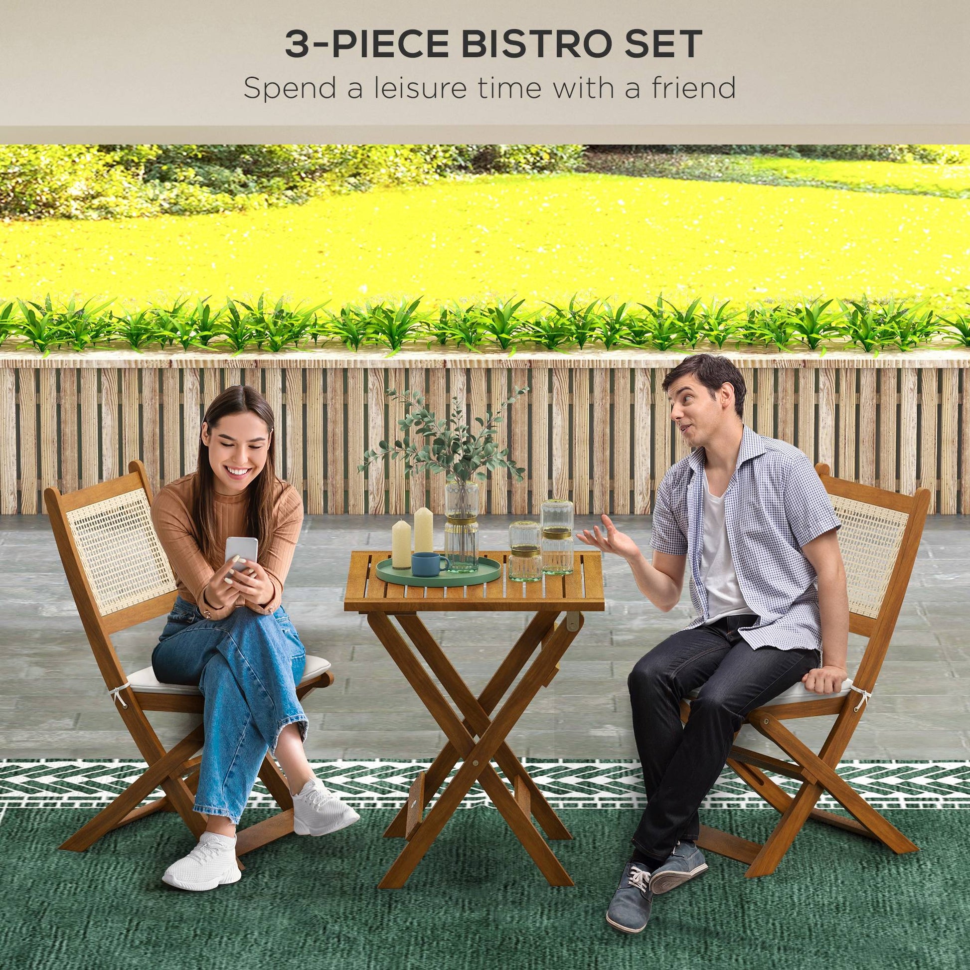 Outsunny 3 Pieces Patio Bistro Set Foldable Wooden Pe Rattan Conversation Furniture Outdoor With Cushions, For Porch, Backyard, Garden, Light Teak Teak Rattan Metal