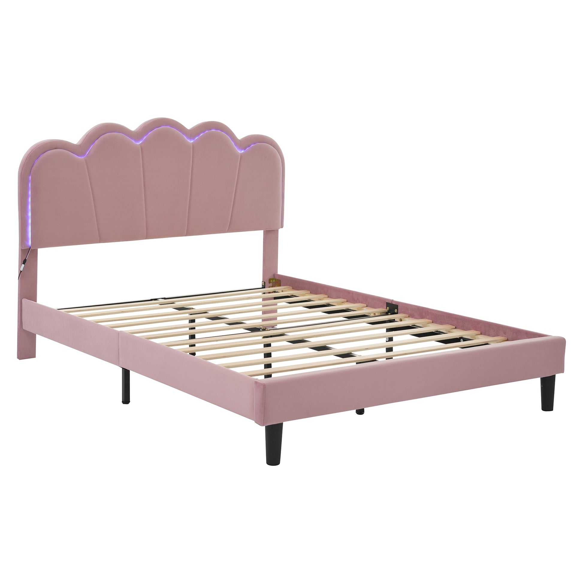 Queen Upholstered Smart Led Bed Frame With Elegant Flowers Headboard,Floating Velvet Platform Led Bed With Wooden Slats Support,Pink Pink Velvet