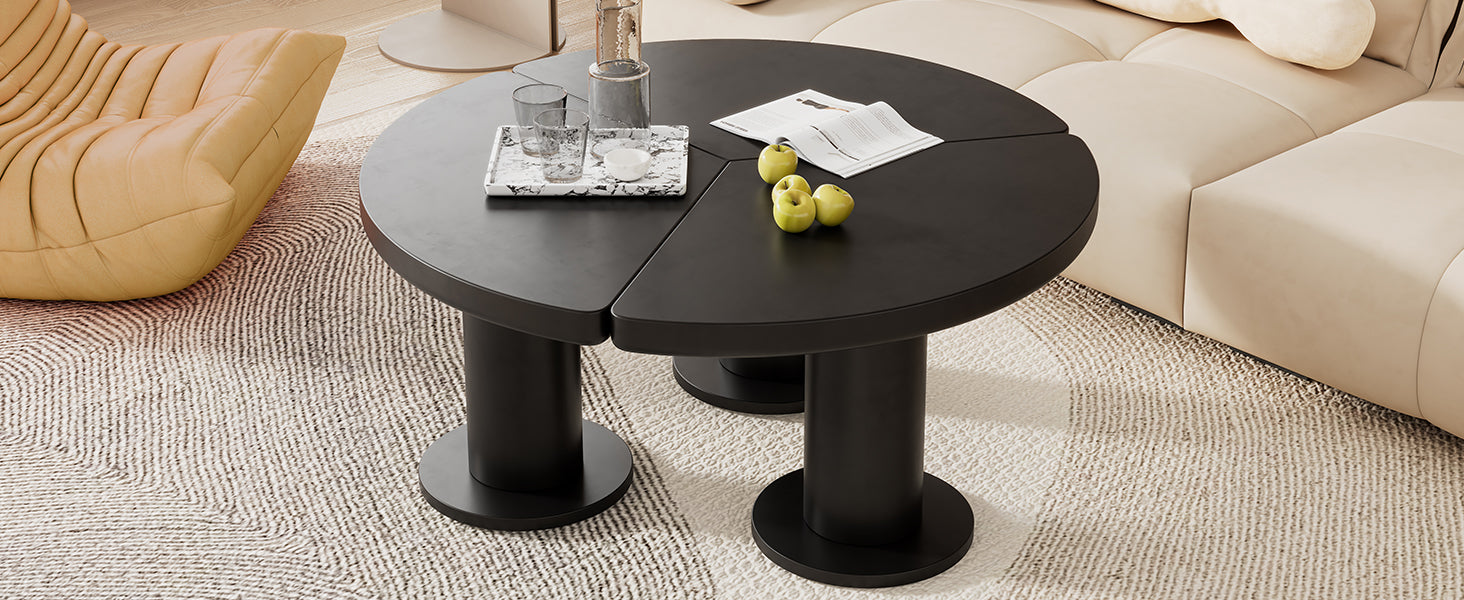 39.4'' Easy Assembly Round Petal Shaped Coffee Table, Cream Style Center Table With 3 Thick Legs, Minimalist Irregular End Table With Sleek Round Edges For Living Room, Black Black Mdf