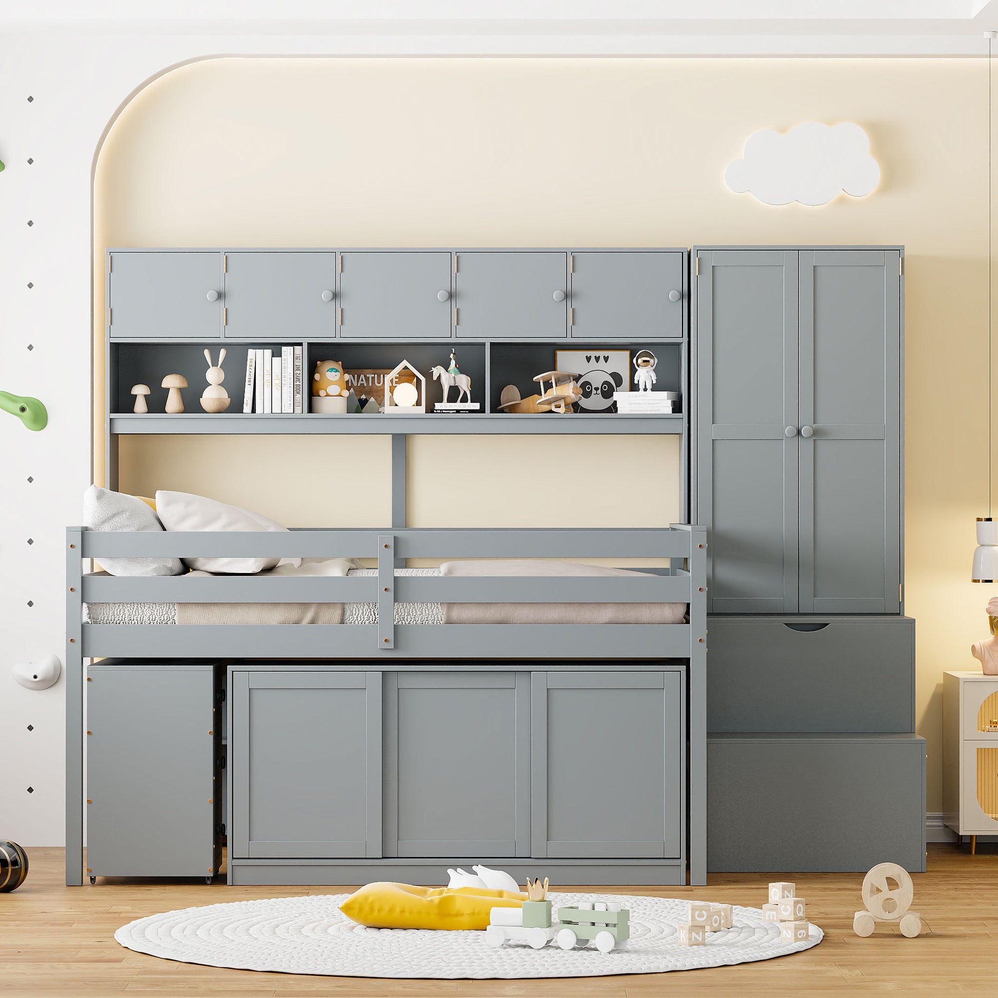 Full Size Wooden Loft Bed Big Storage With Under Bed Desk, With Drawers, With Shelves, Gray Full Gray Plywood