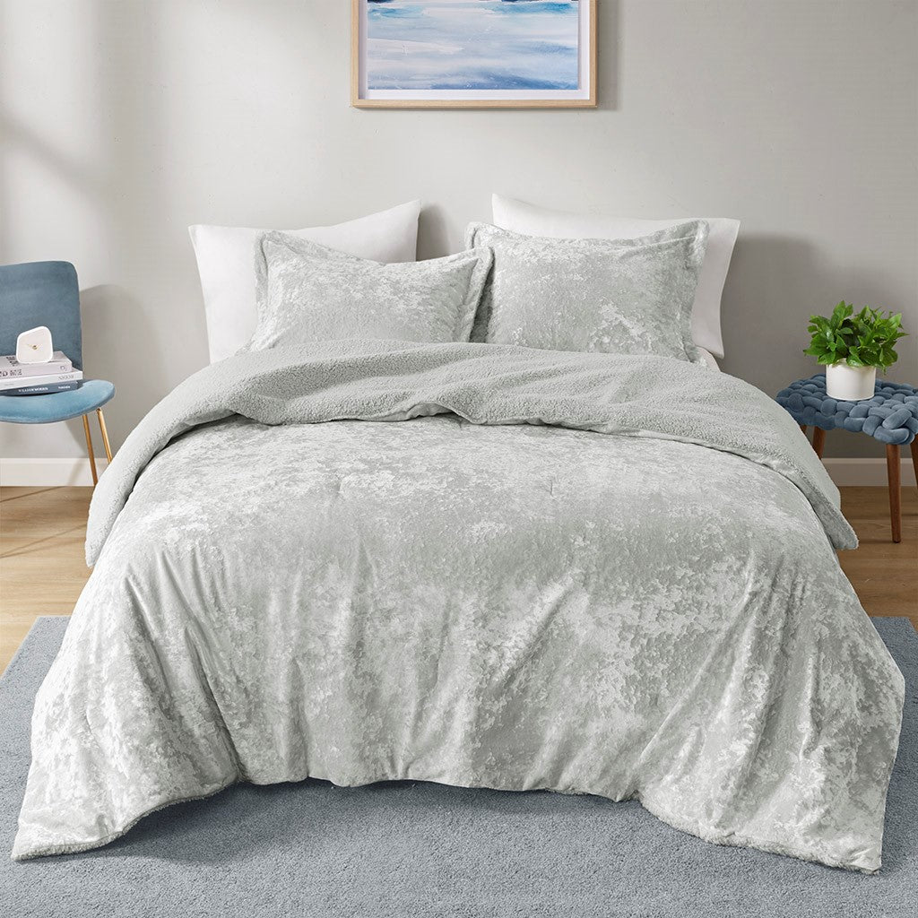 Crushed Velvet Sherpa Reversible Comforter Set King Grey Polyester