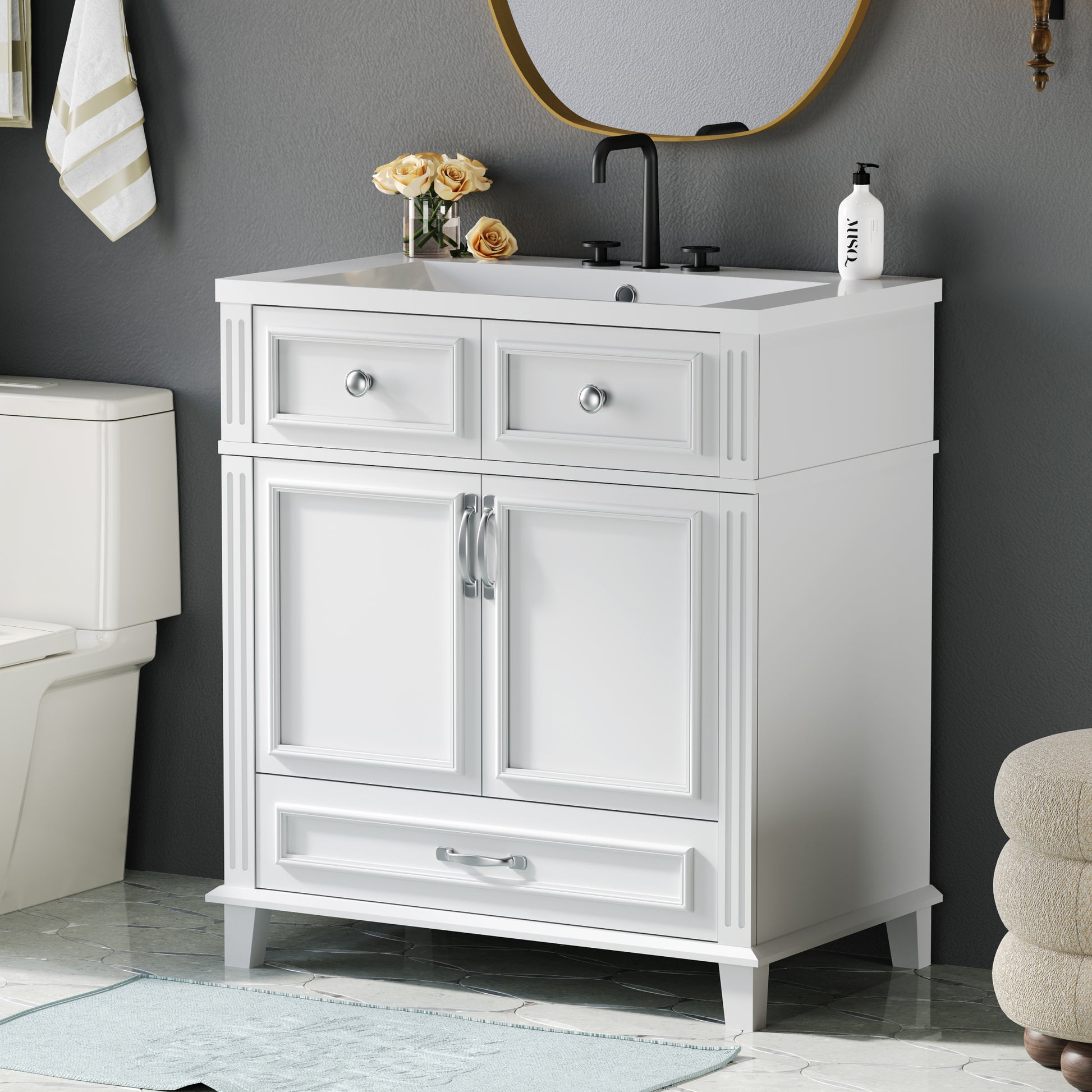 30'' Bathroom Vanity With Resin Sink, Solid Wood Frame Bathroom Storage Cabinet With Soft Closing Doors, Retro Style, White 1 White 2 Bathroom Freestanding Modern Solid Wood Mdf Resin Painted