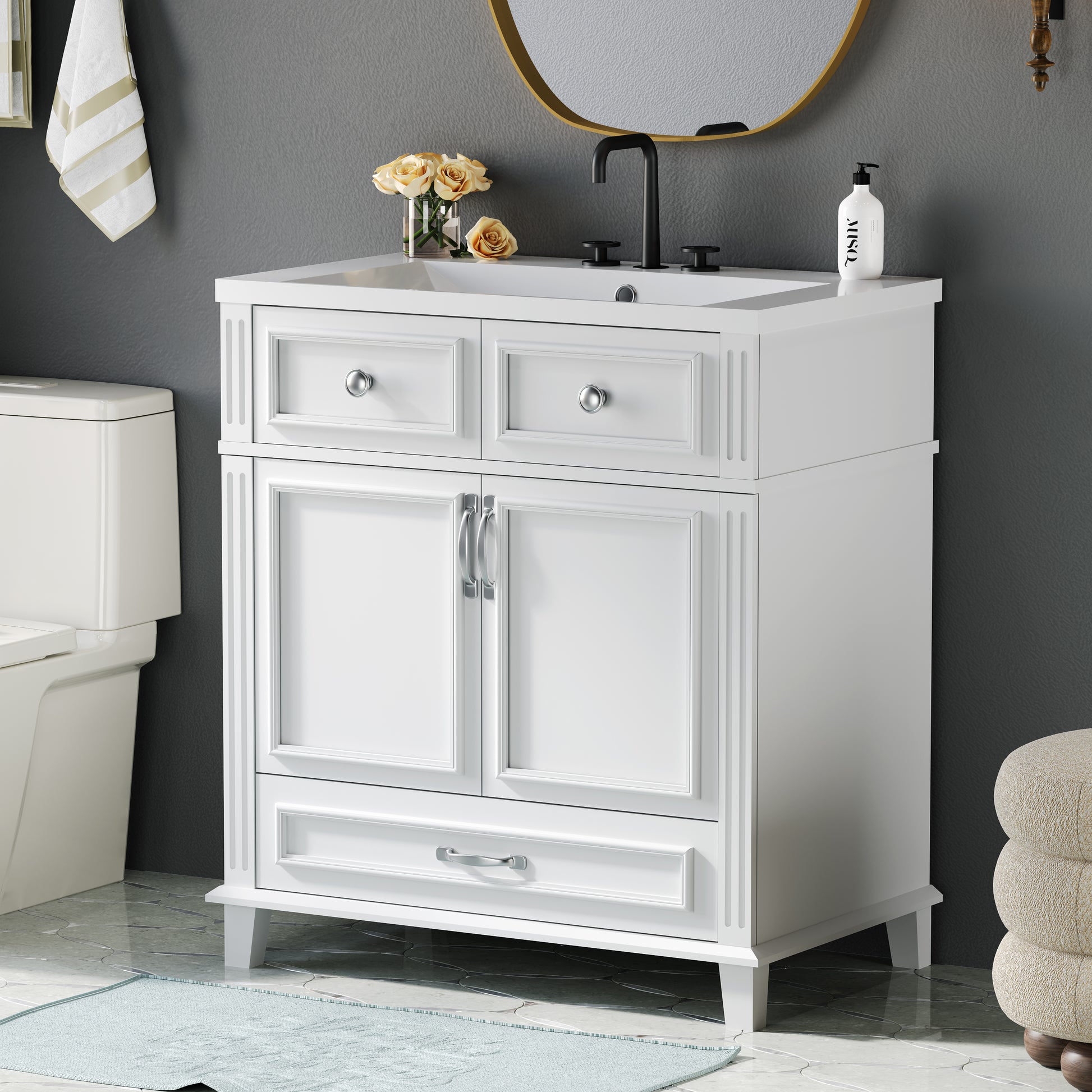 30'' Bathroom Vanity With Resin Sink, Solid Wood Frame Bathroom Storage Cabinet With Soft Closing Doors, Retro Style, White Same As Sw000118Aak White Bathroom Modern Solid Wood Mdf Resin