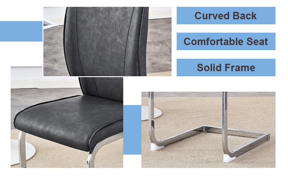 Luxury Simple Arch Chair Set Of 4 Dark Gray Pu Material High Resilience Dining Chair With Arched Metal Silver Leg.Crazy Horse Texture Pu Dining Chairs. Dark Gray,Silver Metal,Pu