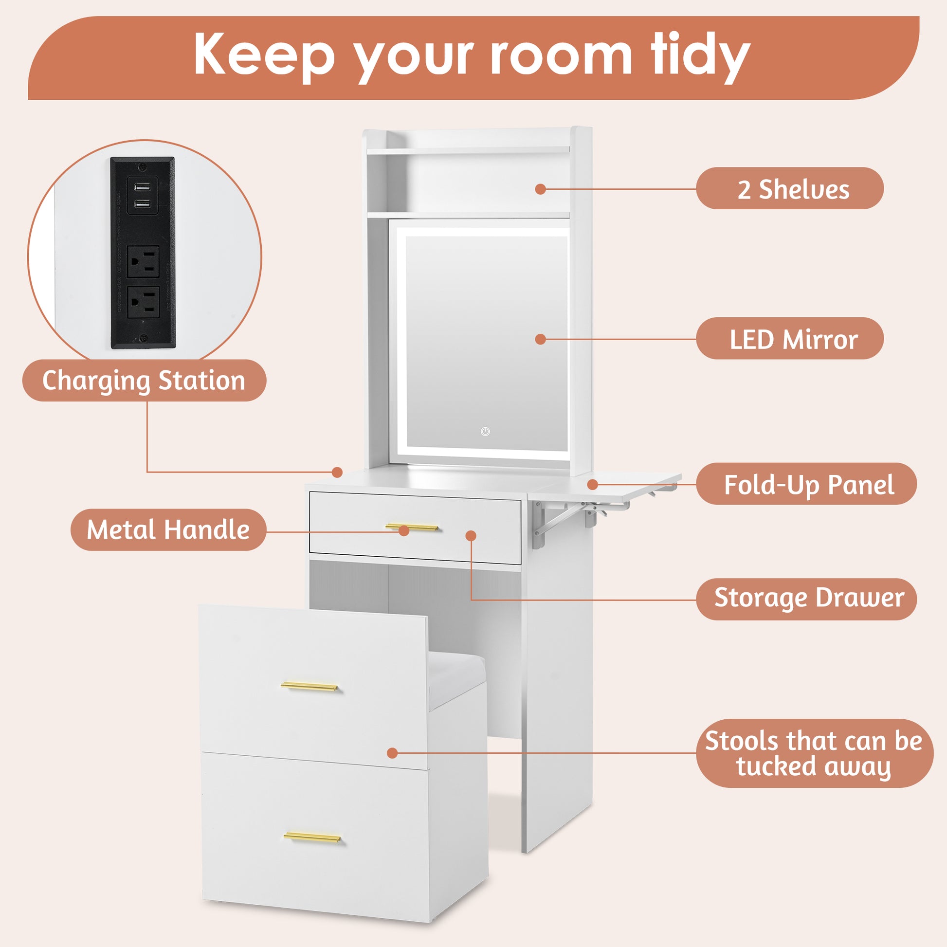 Small Vanity Desk With Mirror And Light, Dressing Table With Charging Station & Fold Up Panel For Small Space, Compact Makeup Vanity Set With Hidden Stool For Bedroom, White White Mdf,Tempered Glass