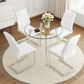 A Modern Minimalist Round Transparent Tempered Glass Table With Silver Metal Legs And 4 Modern Pu Leather High Backed Dining Chairs For A Luxurious Experience. White Seats 4 Glass Metal