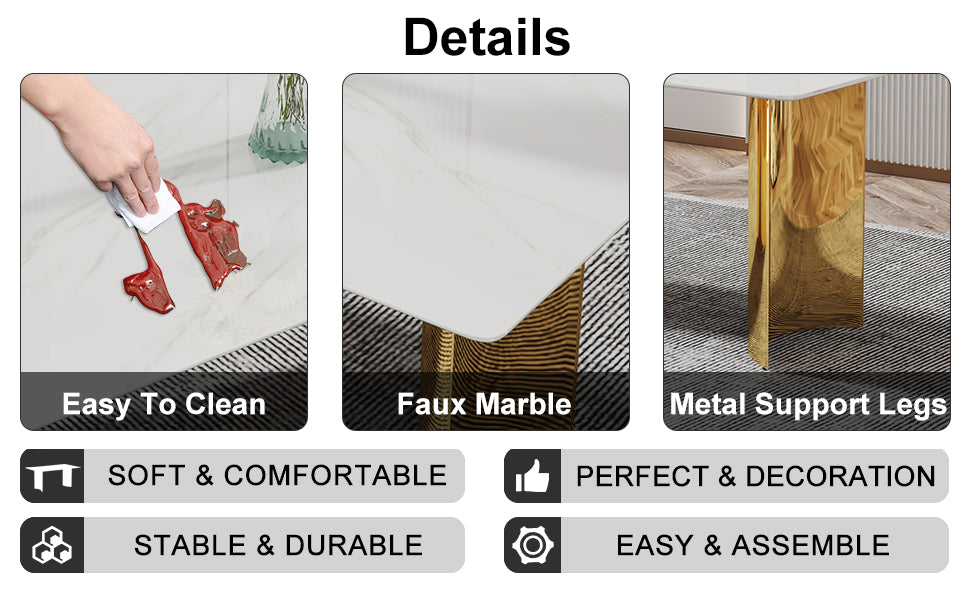 Table And Chair Set.The Table Has A Glass Top With Imitation Marble Pattern Stickers And Stainless Steel Golden Legs. Paried With Chairs With Pu Artificial Leather Backrest Cushions And Black Legs. White Gold Seats 6 Glass Metal