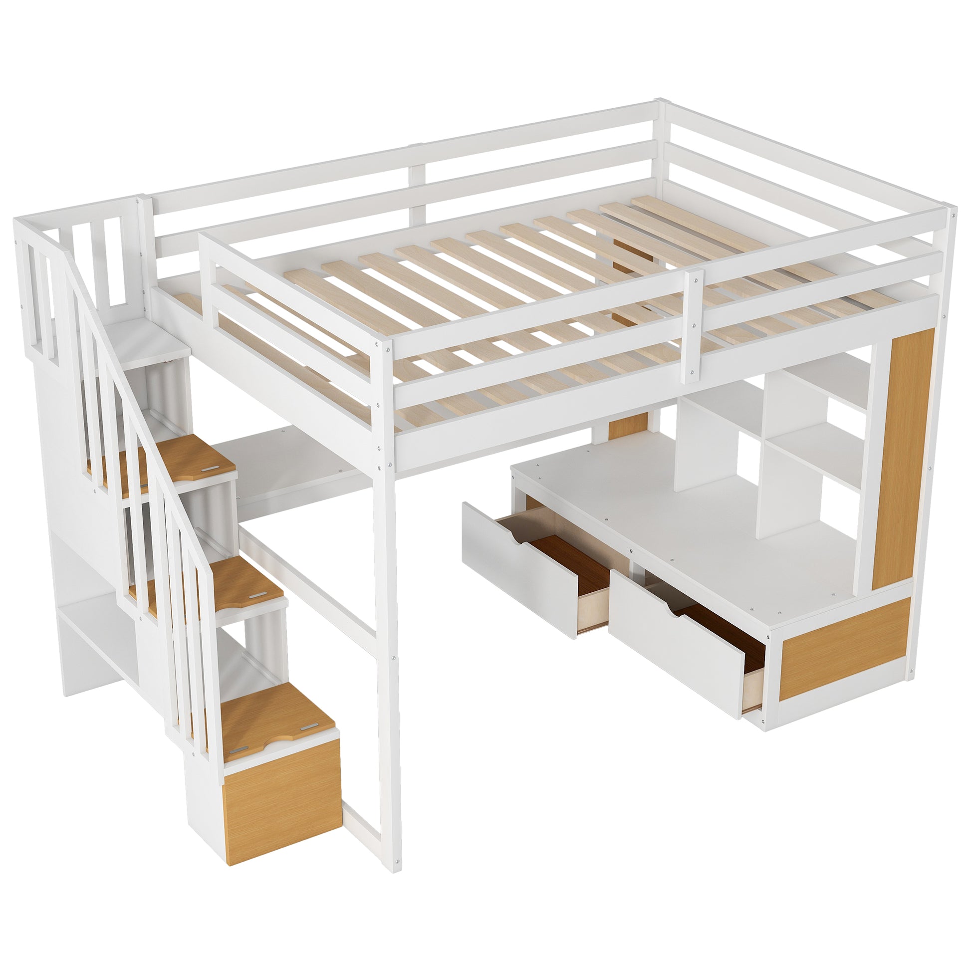 Full Size Loft Bed With Desk And Shelves, Two Built In Drawers, Storage Staircase, White And Natural Full Natural White Plywood,Solid Wood Mdf