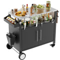 Two Doors Outdoor Grill Cart With Patio Furniture, Outdoor Grill Table With Storage,Rolling Bar Cart Outdoor Bbq Cart With Hooks And Spice Rack For Grilling Accessories, Black Black Silver Stainless