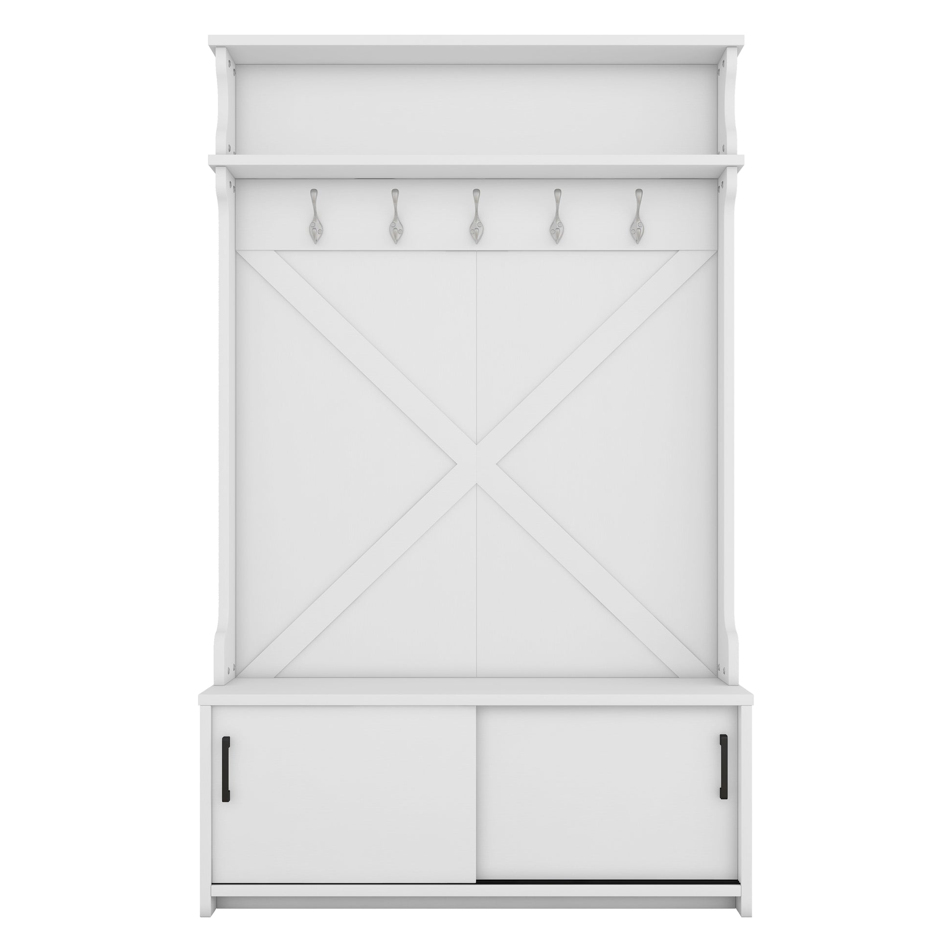 Hall Tree With Top Shelf And Storage Bench, Hallway Shoe Cabinet With Sliding Doors, Coat Rack With 5 Hanging Hooks For Entryways Hallways,White Off White Particle Board Mdf