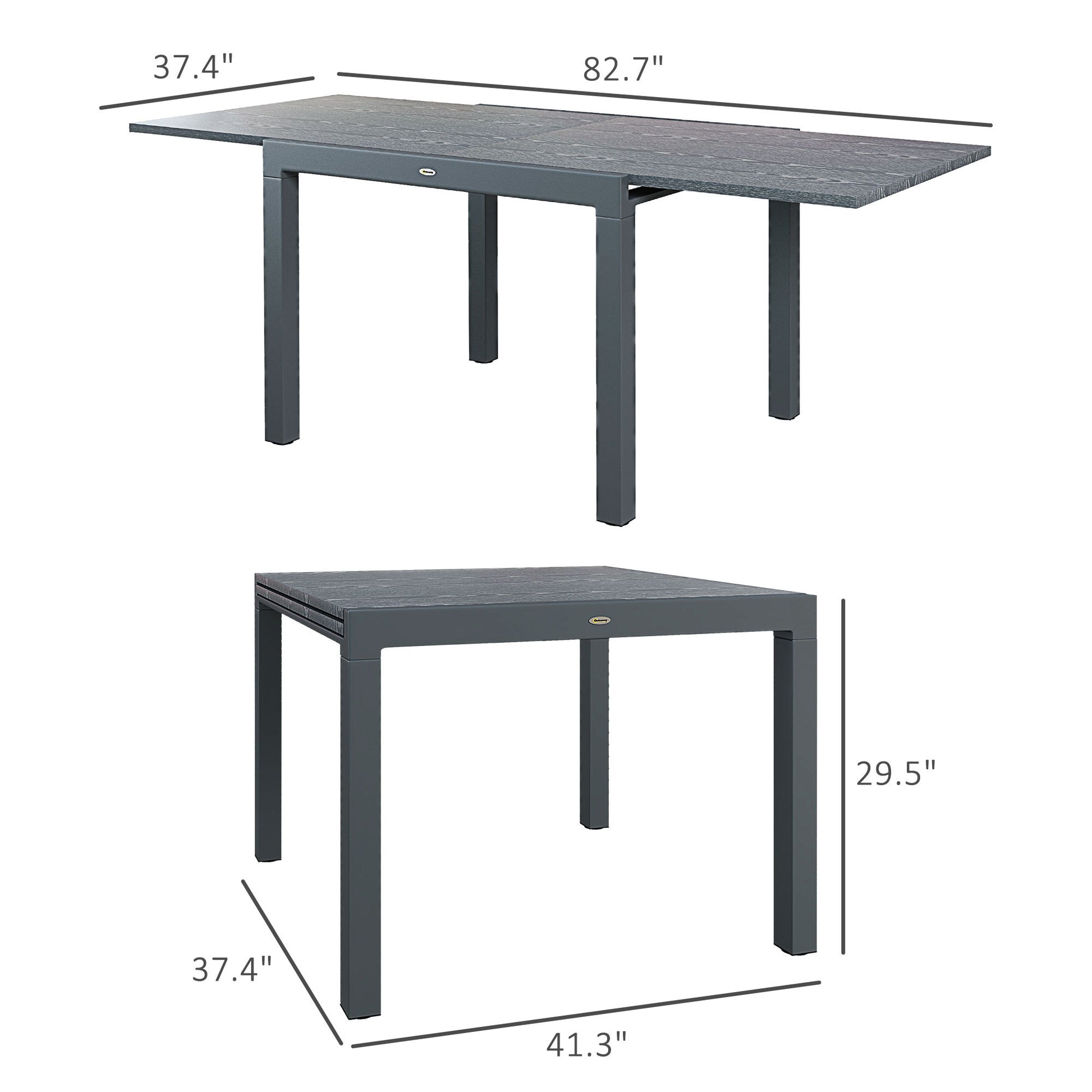 Outsunny Extendable Outdoor Dining Table, 41" 83" Aluminum Frame Patio Table With Wood Effect Steel Top, Rectangle Expandable Patio Table For 6 8, Dark Gray Dark Grey Steel