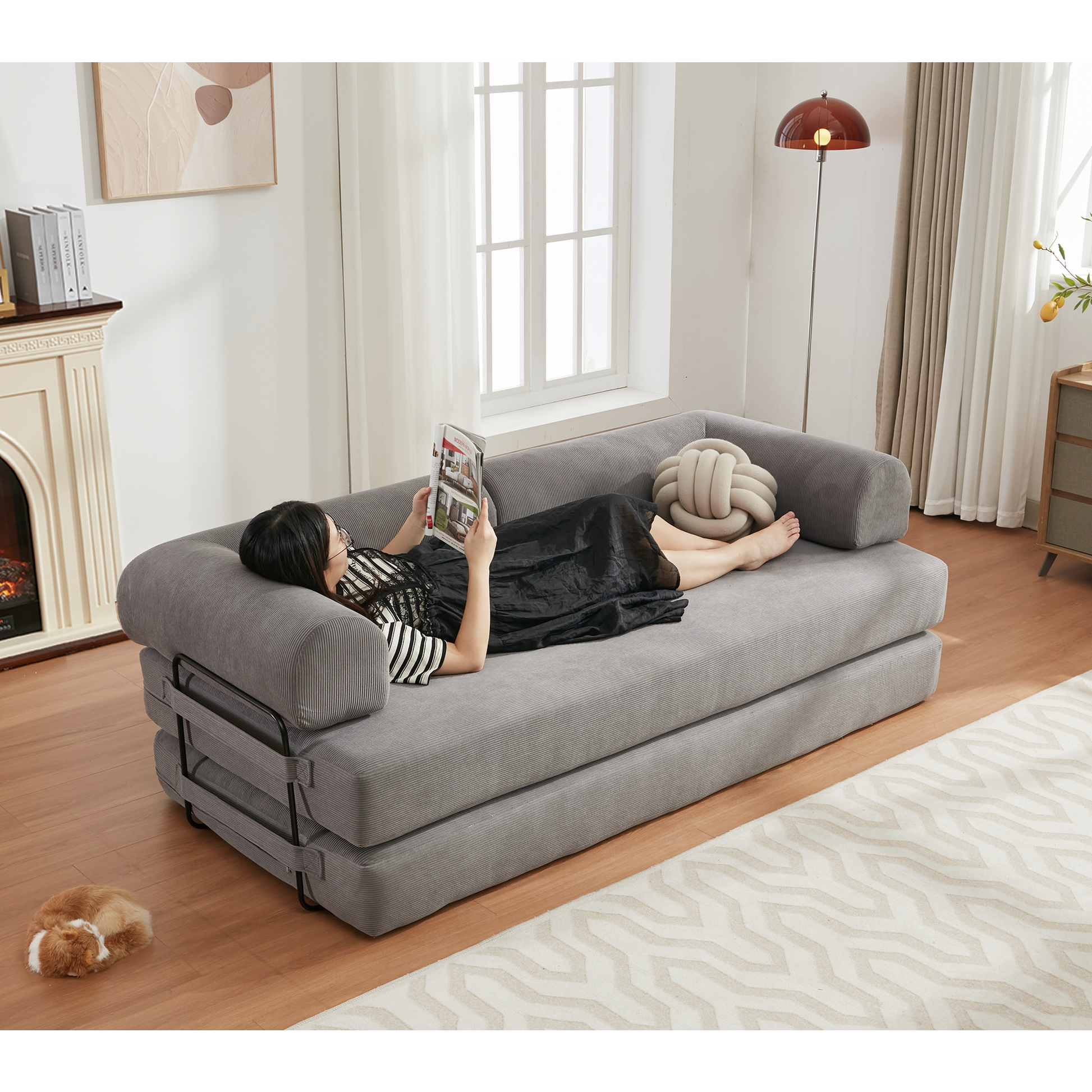 Arrived 78.5" Folding Convertible Out Sleeper Sofa Bed,4 In 1 Diy Combination Convertible Sofa,3 Seat, Folding Sofa, King Sizebedroom,Apartment,Corduroy,Green,Gray Gray Polyester Primary Living