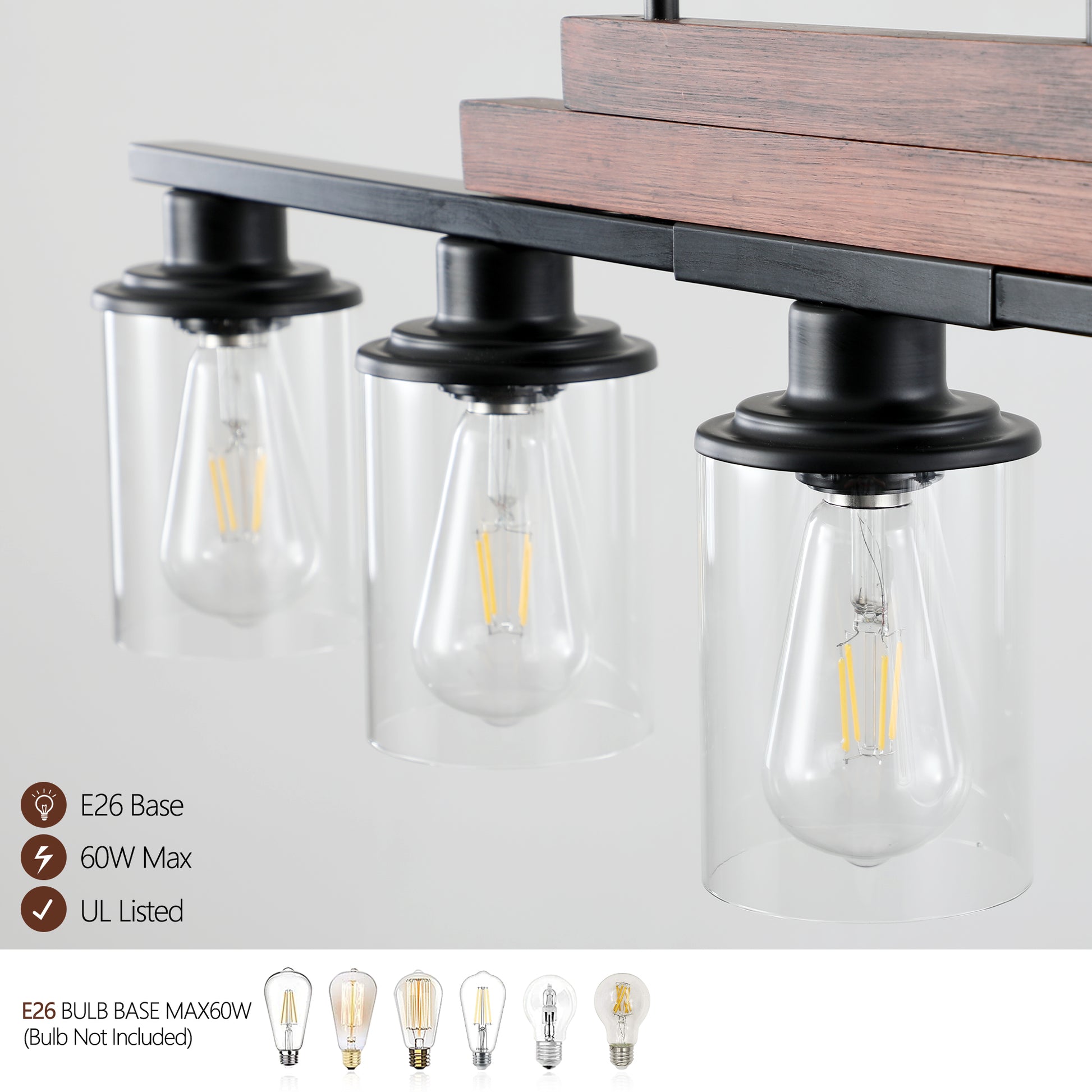 Farmhouse Industrial 5 Light Kitchen Island Pendant Light, Metal Wood Chandelier With Clear Glass Shades, Adjustable Height Hanging Fixture For Dining Room, Living Room, And Kitchen No Bulbs Walnut Black Glass,Iron