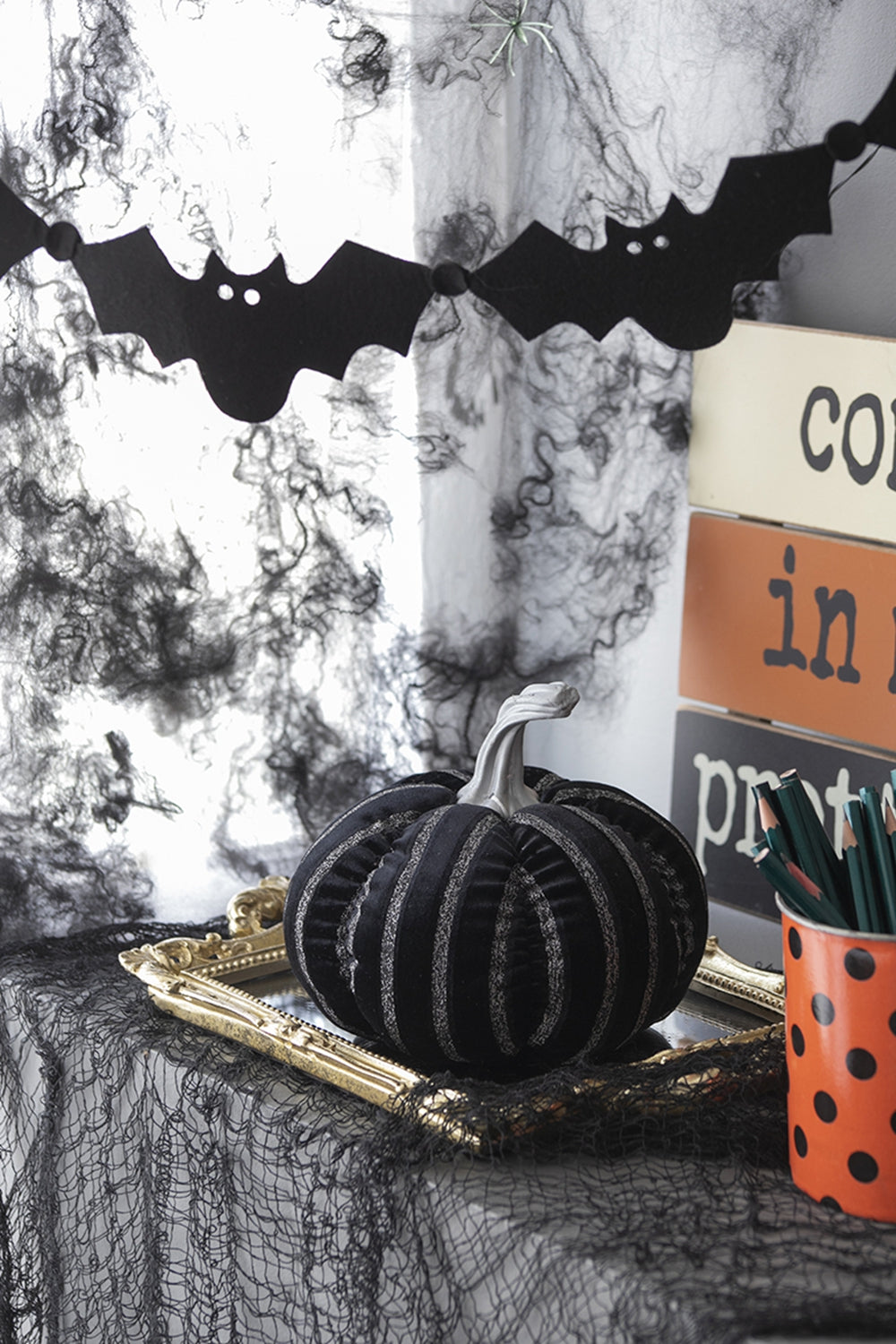 7X7X7" Fabric Black Stripe Pumpkin Decor, For Holiday Halloween Decoration Black,White Polyester