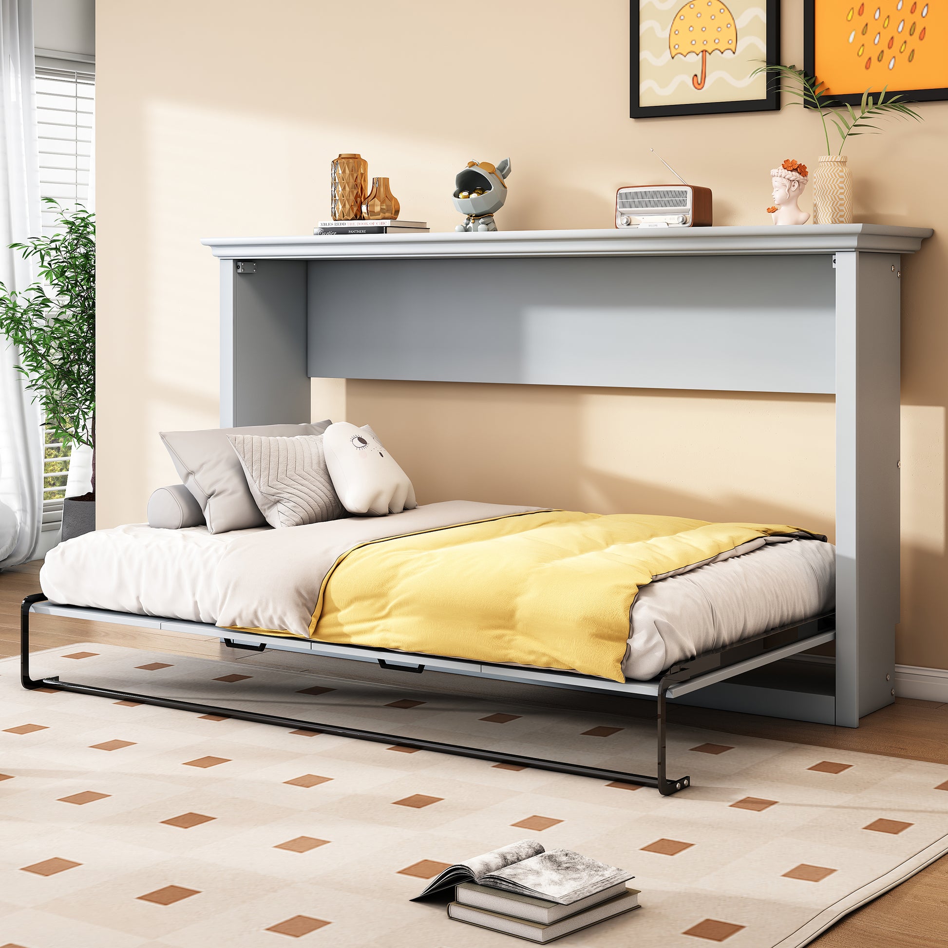 Twin Size Murphy Bed, Can Be Folded Into A Cabinet, Gray Twin Box Spring Not Required Grey Murphy Solid Wood Mdf