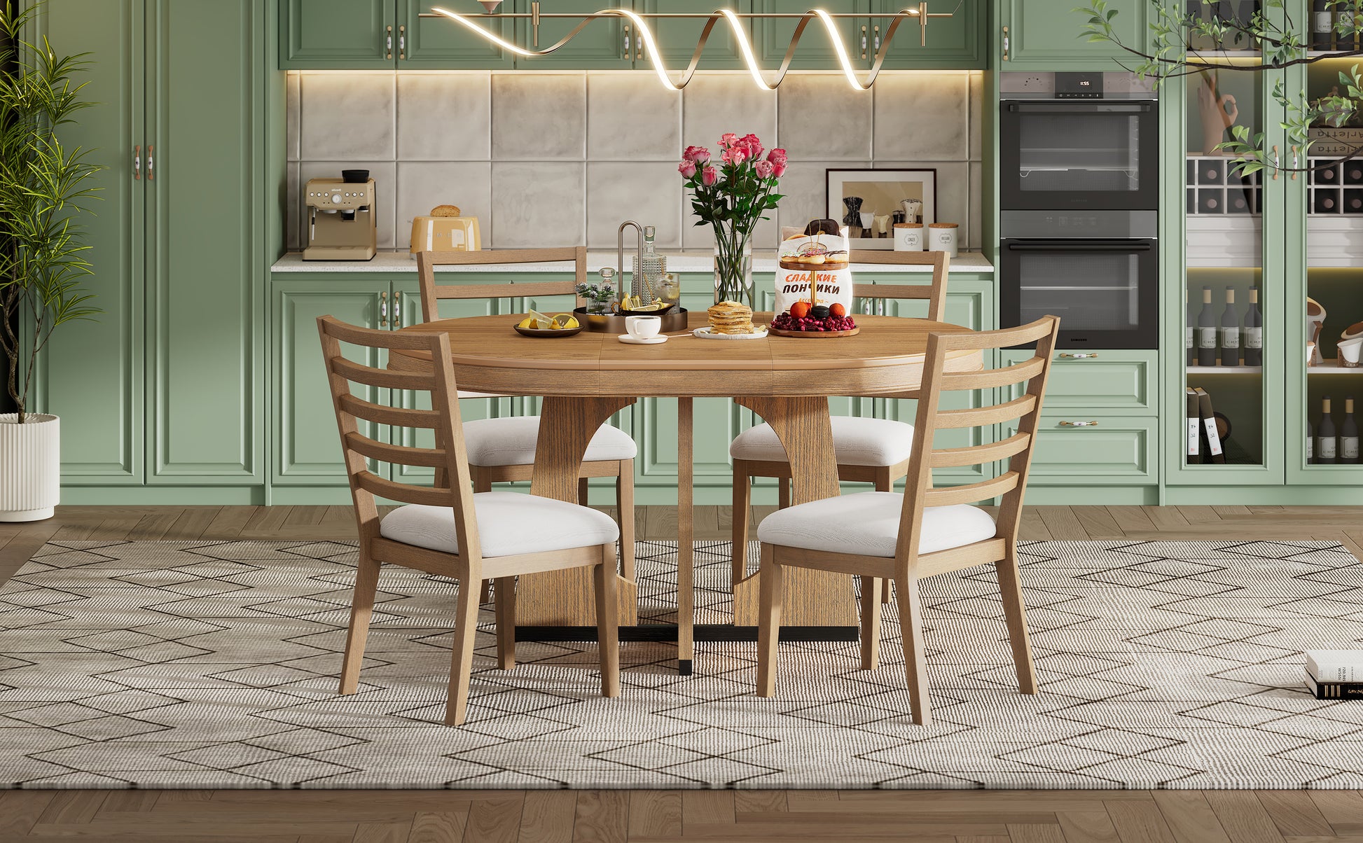 5 Piece Retro Rustic Functional Dining Set Unique Geometric Design, 1 Extendable Table With A 16 Inch Leaf And 4 Upholstered Chairs Ideal For Dining Room And Kitchen Natural Natural Solid Wood Mdf