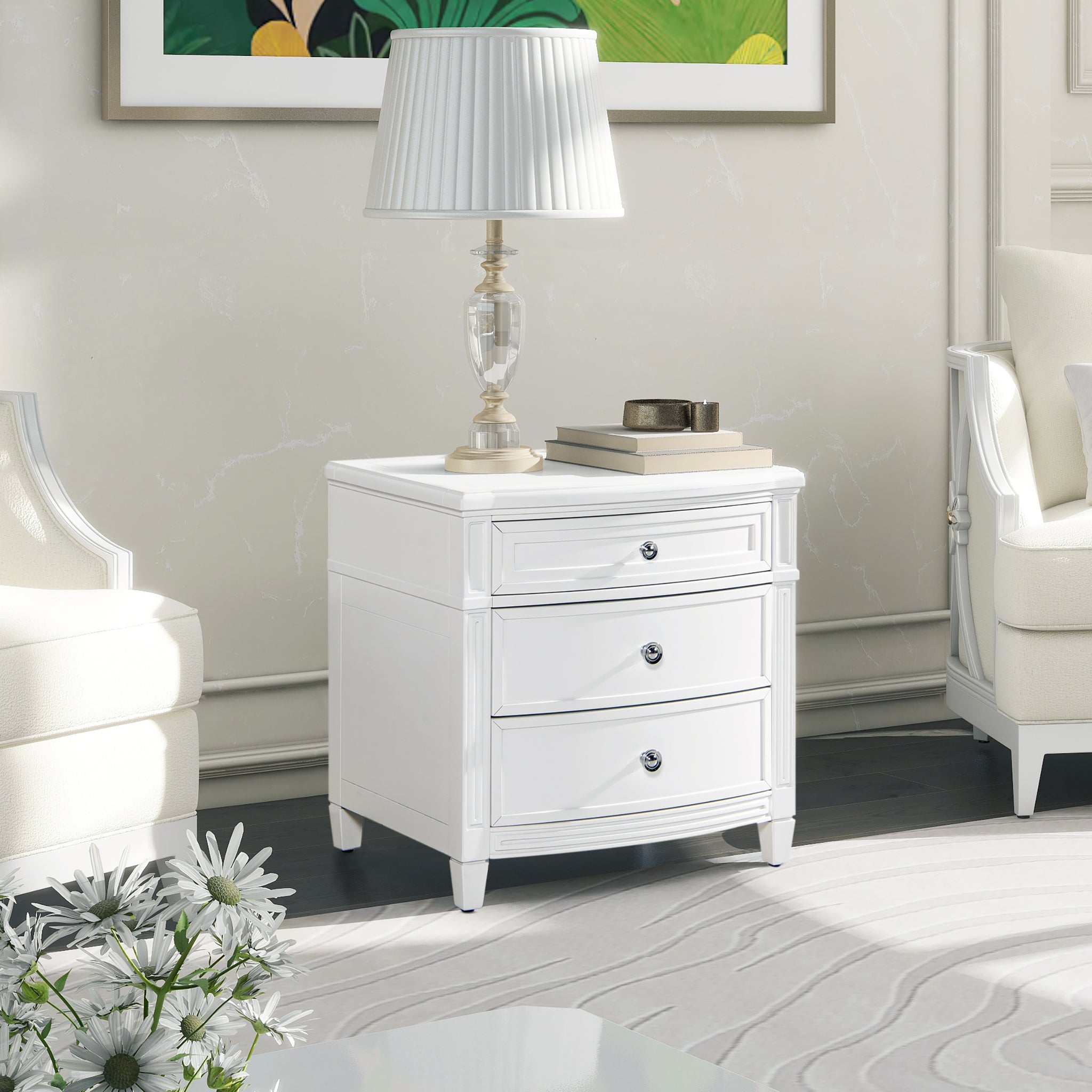 Dauphin 3 Drawer Accent End Table, Grey Cashmere Wood White Solid Wood Mdf Solid Wood Mdf