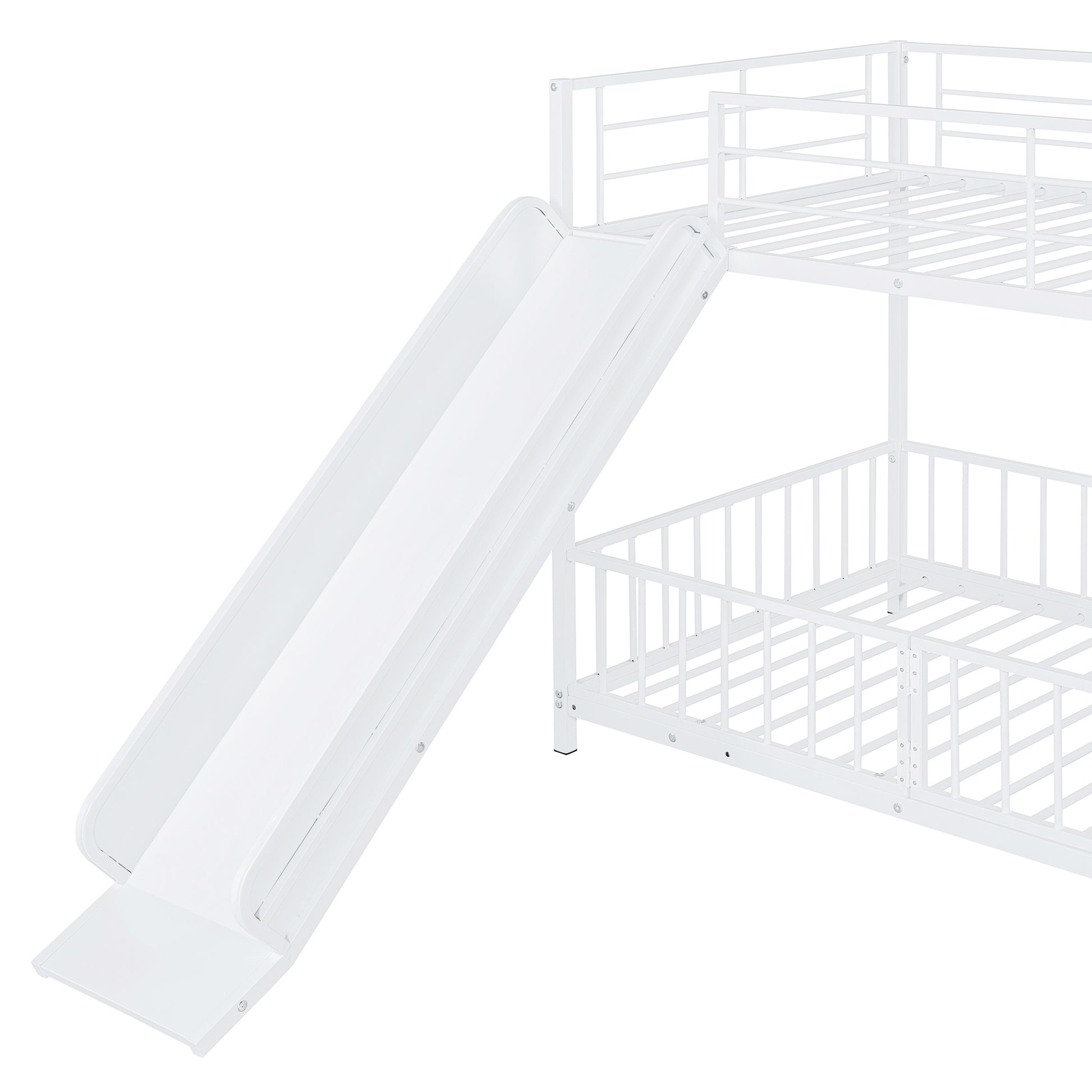 Twin Over Twin Size Metal Bunk Bed With Slide And Guardrails, White Twin White Metal